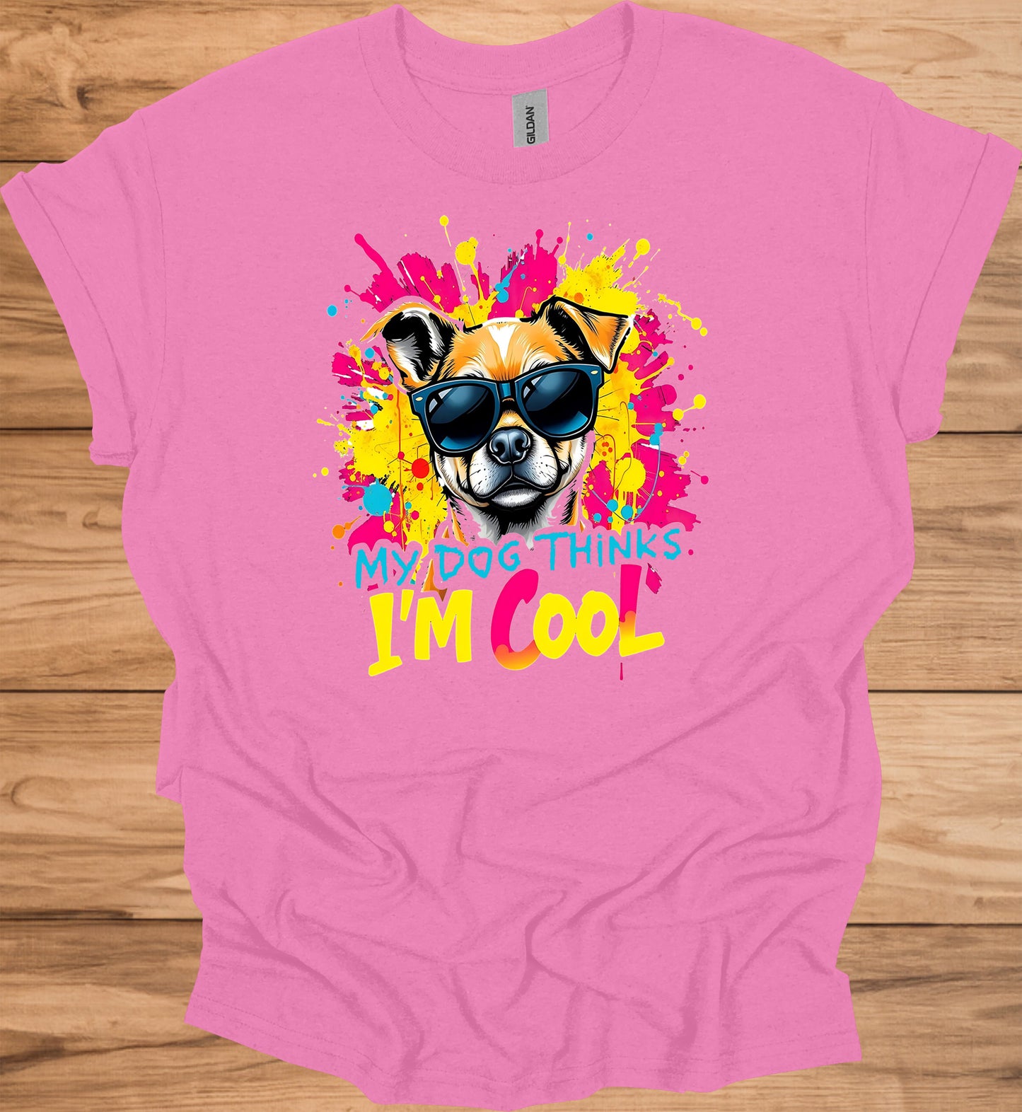 Cool Canine Companion: Stylized Dog with Sunglasses, Vibrant Pop Art Background, Playful Pet Portrait - Graphic Tee Shirt