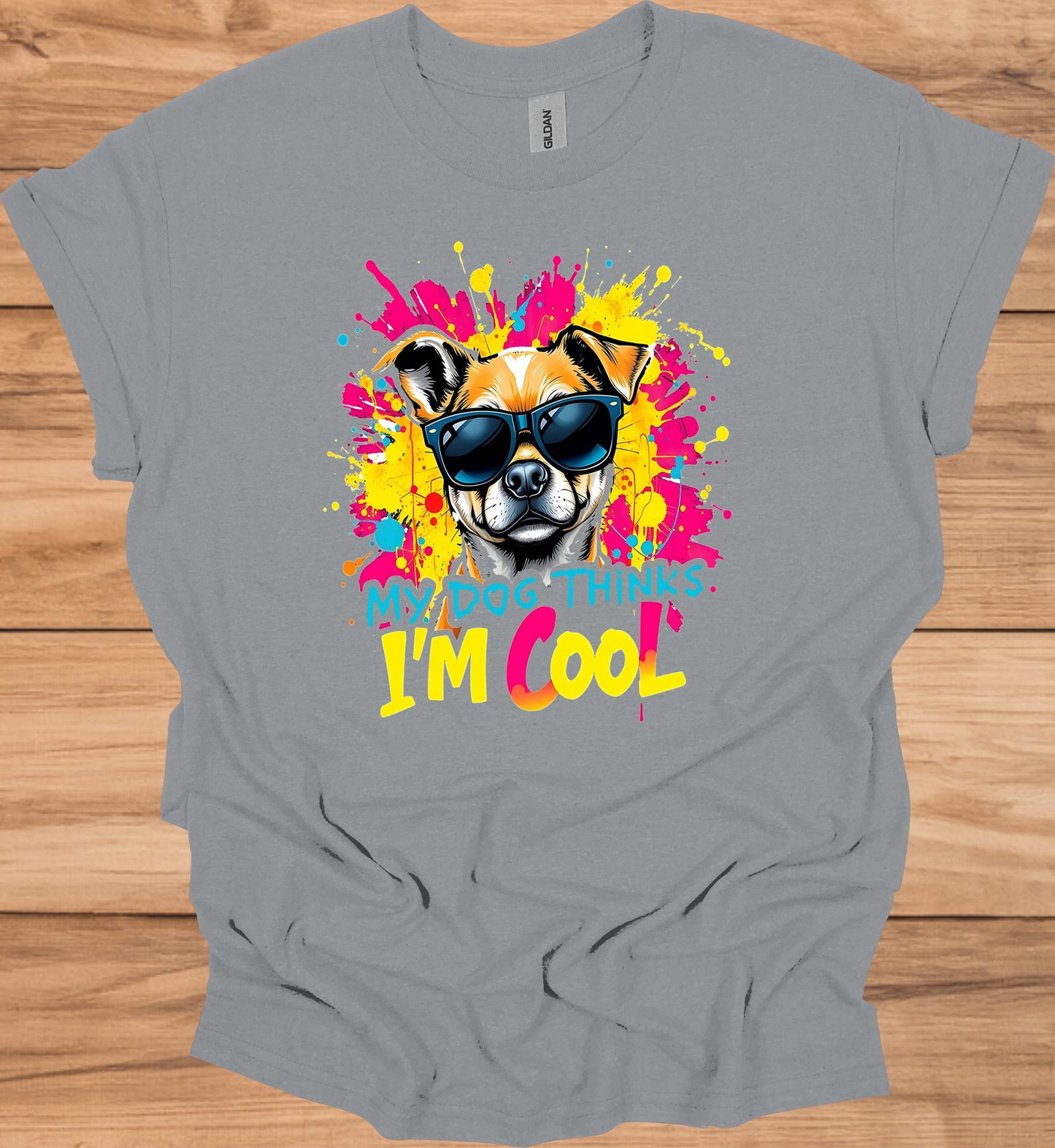 Cool Canine Companion: Stylized Dog with Sunglasses, Vibrant Pop Art Background, Playful Pet Portrait - Graphic Tee Shirt