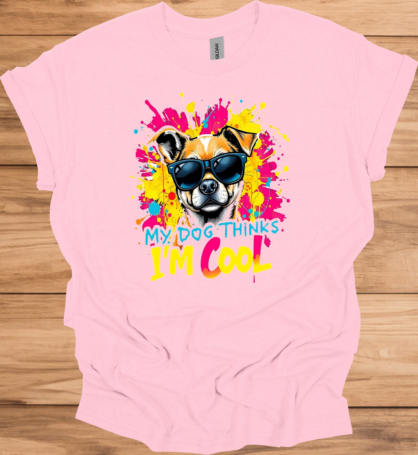 Cool Canine Companion: Stylized Dog with Sunglasses, Vibrant Pop Art Background, Playful Pet Portrait - Graphic Tee Shirt