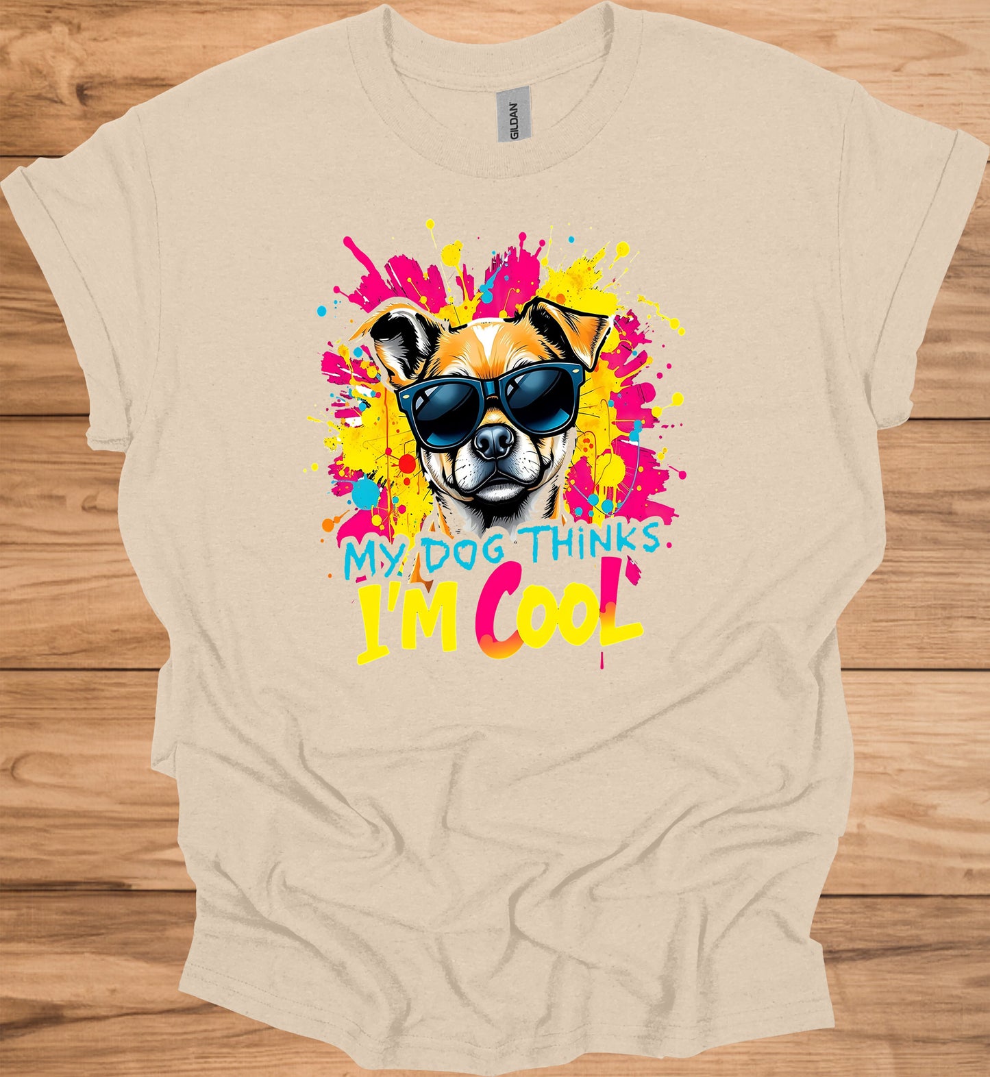 Cool Canine Companion: Stylized Dog with Sunglasses, Vibrant Pop Art Background, Playful Pet Portrait - Graphic Tee Shirt