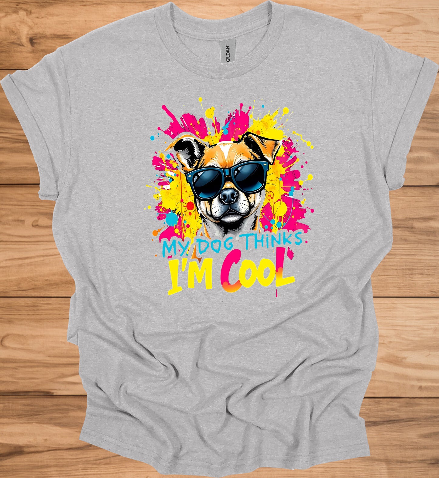 Cool Canine Companion: Stylized Dog with Sunglasses, Vibrant Pop Art Background, Playful Pet Portrait - Graphic Tee Shirt