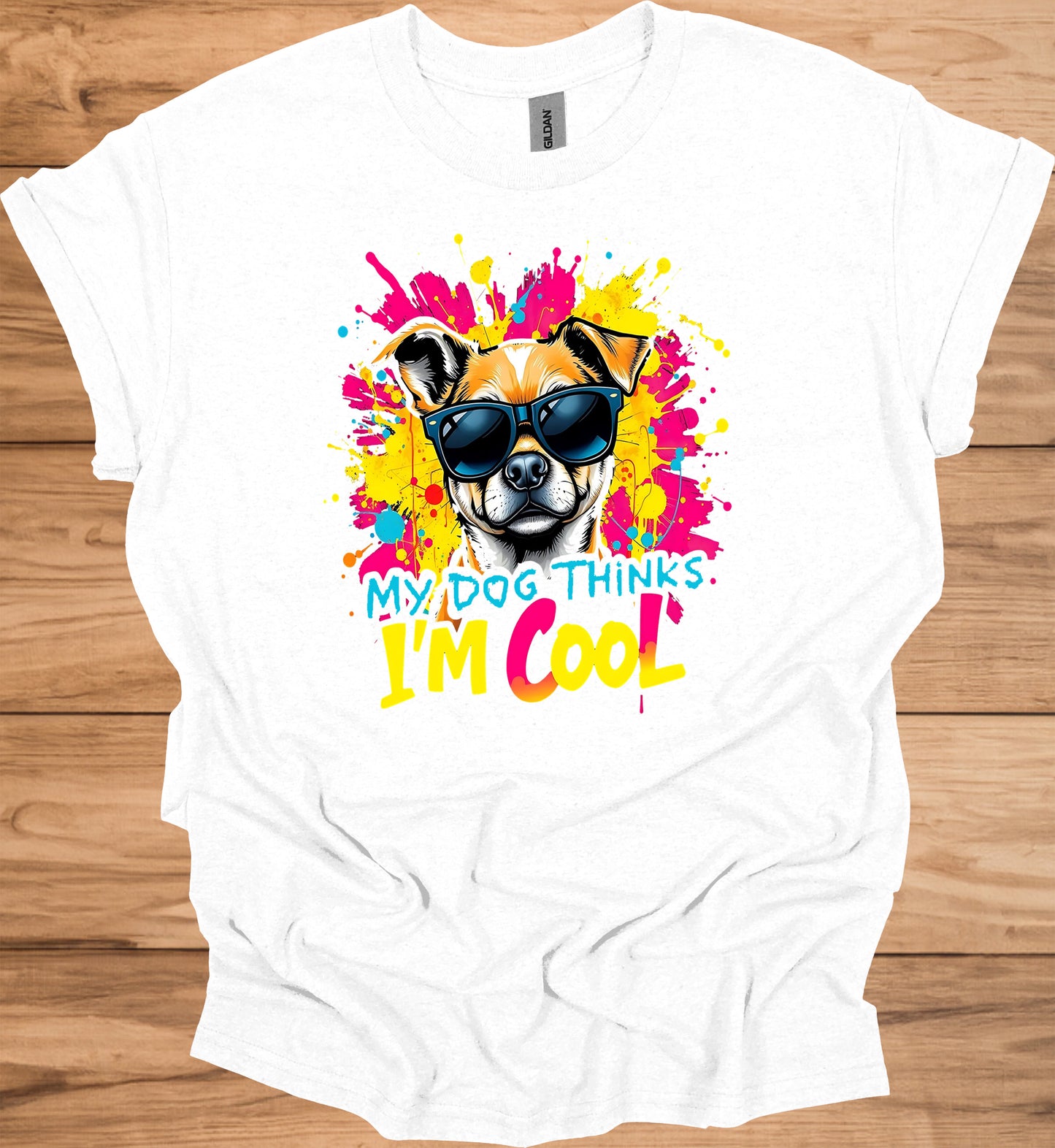 Cool Canine Companion: Stylized Dog with Sunglasses, Vibrant Pop Art Background, Playful Pet Portrait - Graphic Tee Shirt