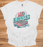 No Excuses Fitness Motivation: 3D Typography Artwork, Vibrant Sneaker Illustration, Modern Exercise Inspiration - Graphic Tee Shirt