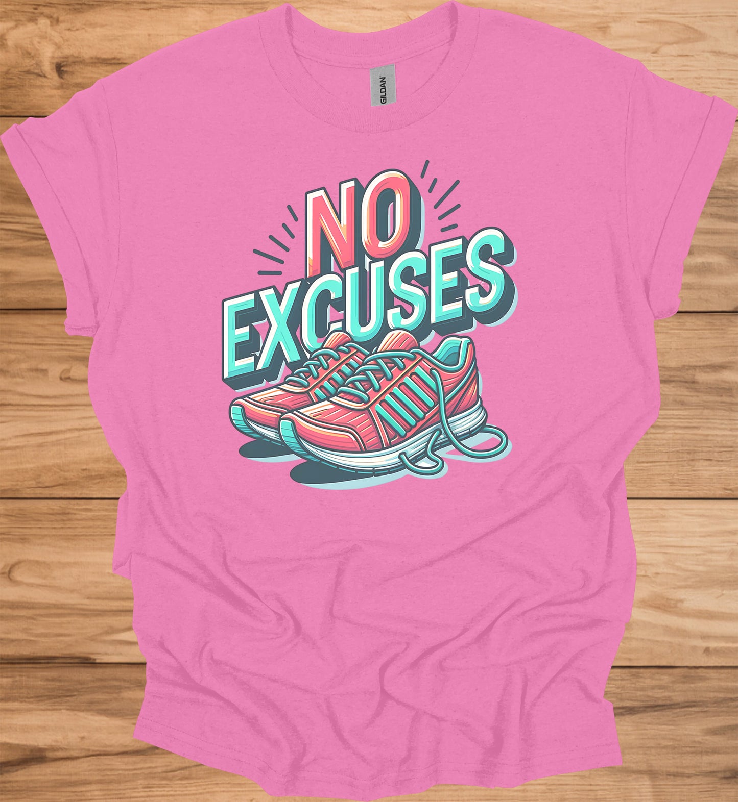 No Excuses Fitness Motivation: 3D Typography Artwork, Vibrant Sneaker Illustration, Modern Exercise Inspiration - Graphic Tee Shirt