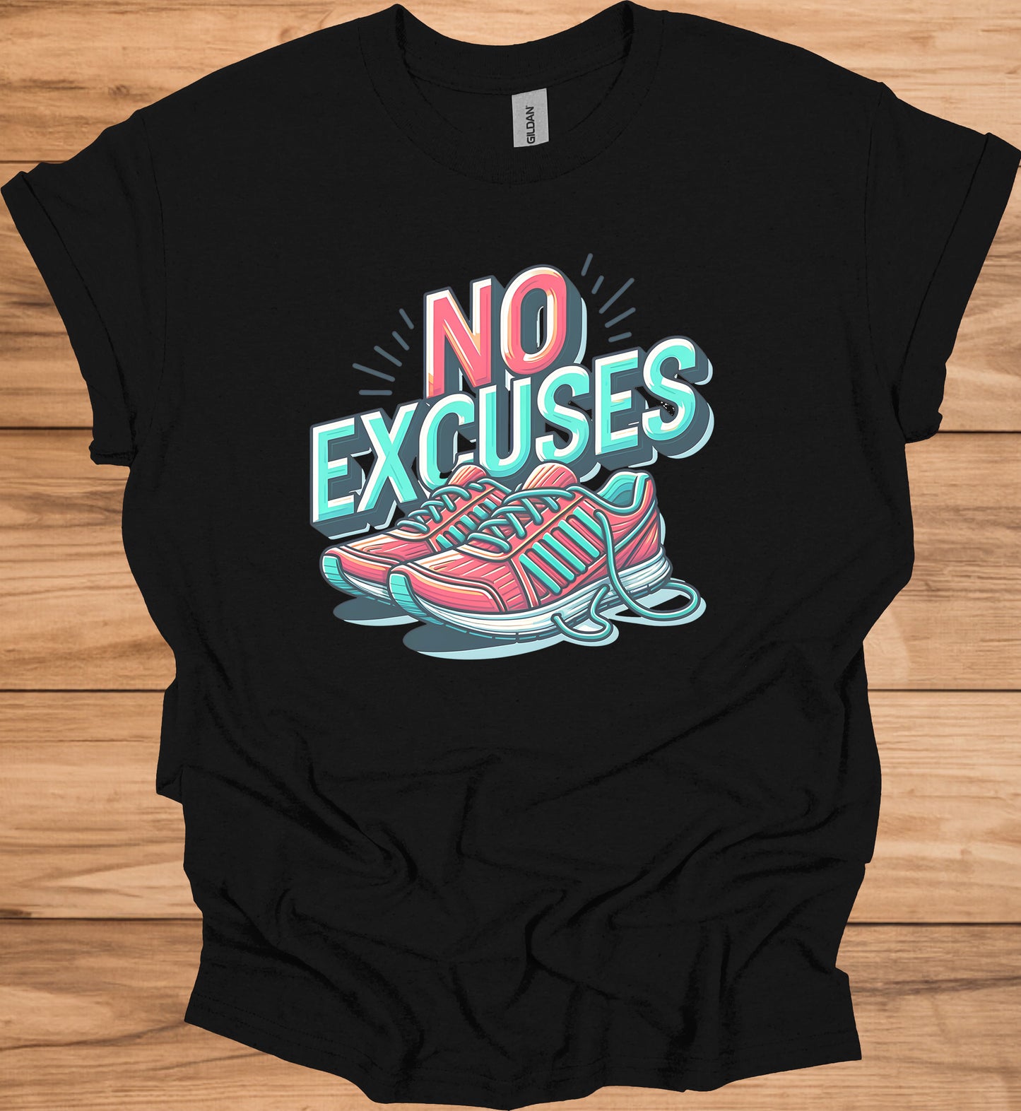 No Excuses Fitness Motivation: 3D Typography Artwork, Vibrant Sneaker Illustration, Modern Exercise Inspiration - Graphic Tee Shirt