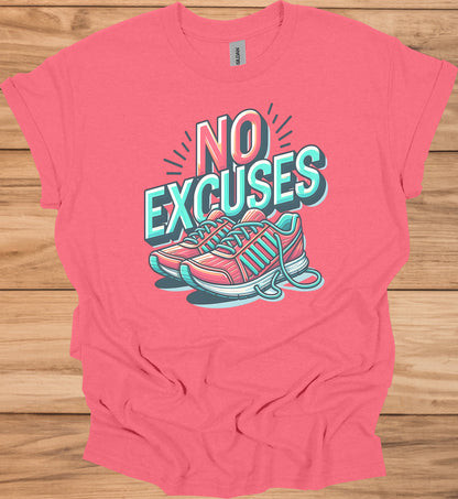 No Excuses Fitness Motivation: 3D Typography Artwork, Vibrant Sneaker Illustration, Modern Exercise Inspiration - Graphic Tee Shirt