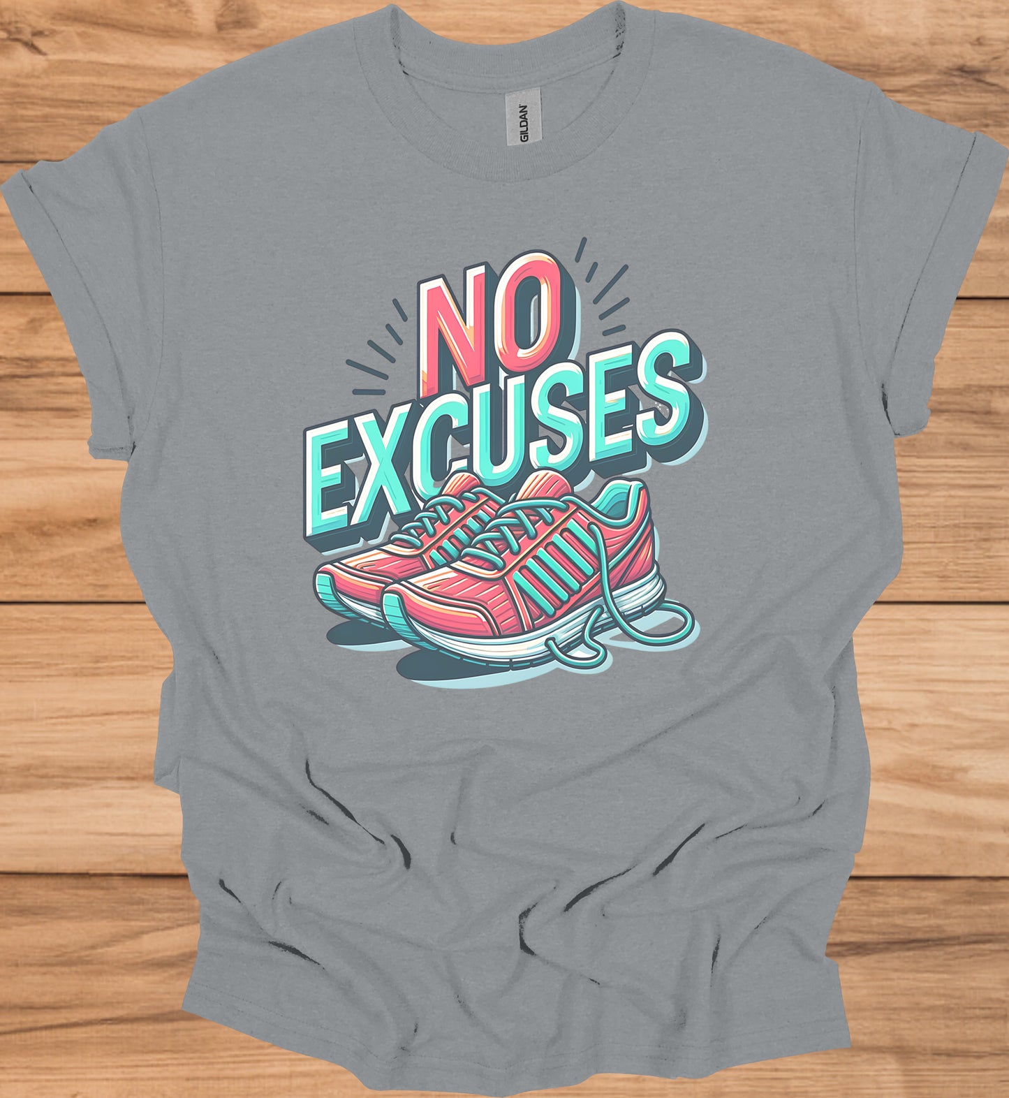 No Excuses Fitness Motivation: 3D Typography Artwork, Vibrant Sneaker Illustration, Modern Exercise Inspiration - Graphic Tee Shirt