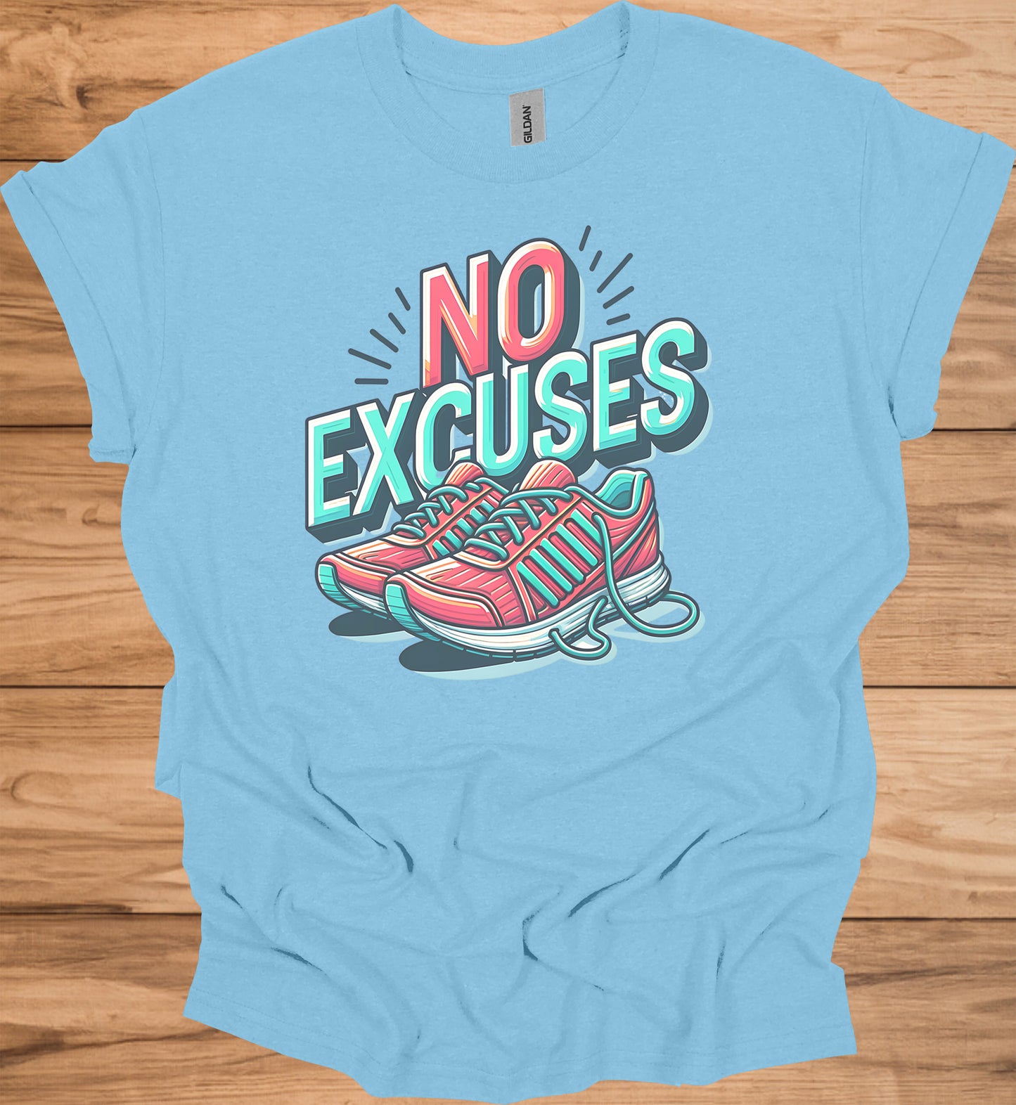 No Excuses Fitness Motivation: 3D Typography Artwork, Vibrant Sneaker Illustration, Modern Exercise Inspiration - Graphic Tee Shirt