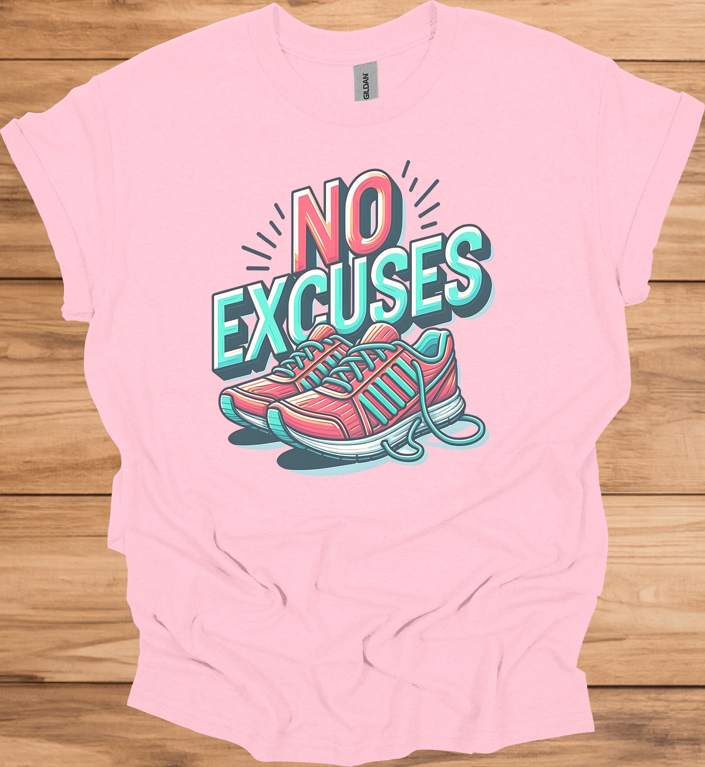 No Excuses Fitness Motivation: 3D Typography Artwork, Vibrant Sneaker Illustration, Modern Exercise Inspiration - Graphic Tee Shirt