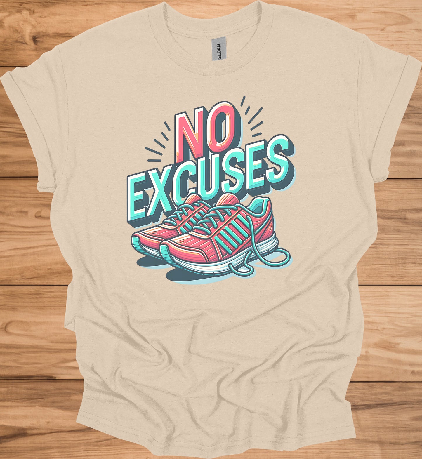 No Excuses Fitness Motivation: 3D Typography Artwork, Vibrant Sneaker Illustration, Modern Exercise Inspiration - Graphic Tee Shirt