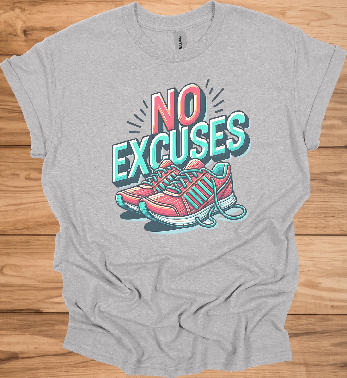 No Excuses Fitness Motivation: 3D Typography Artwork, Vibrant Sneaker Illustration, Modern Exercise Inspiration - Graphic Tee Shirt