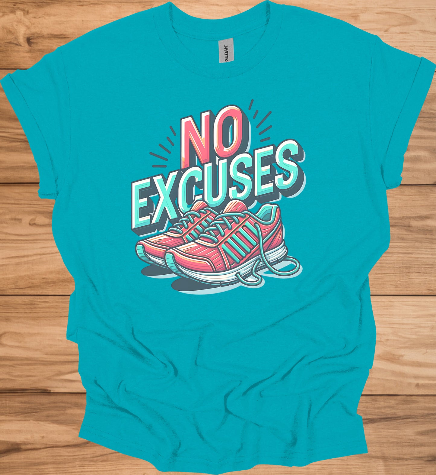 No Excuses Fitness Motivation: 3D Typography Artwork, Vibrant Sneaker Illustration, Modern Exercise Inspiration - Graphic Tee Shirt