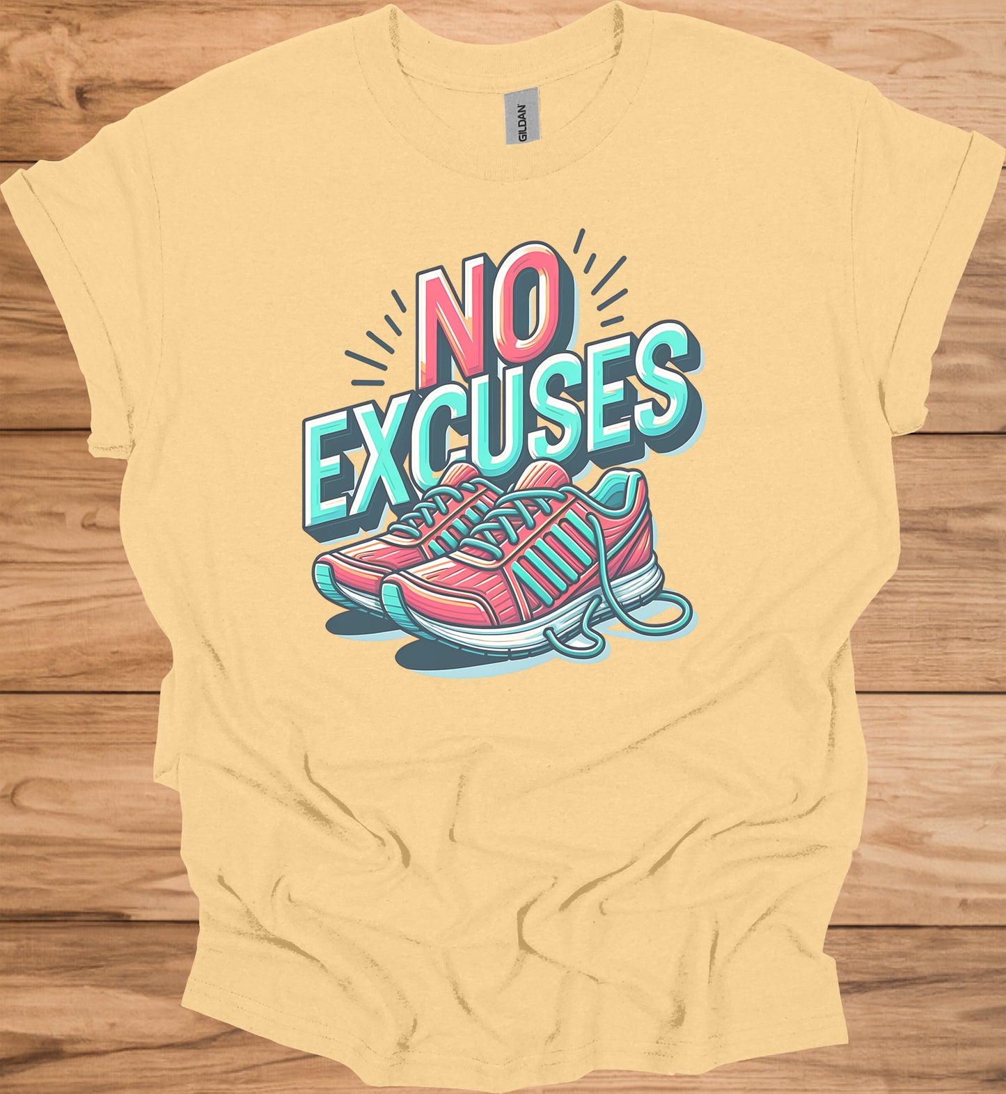 No Excuses Fitness Motivation: 3D Typography Artwork, Vibrant Sneaker Illustration, Modern Exercise Inspiration - Graphic Tee Shirt
