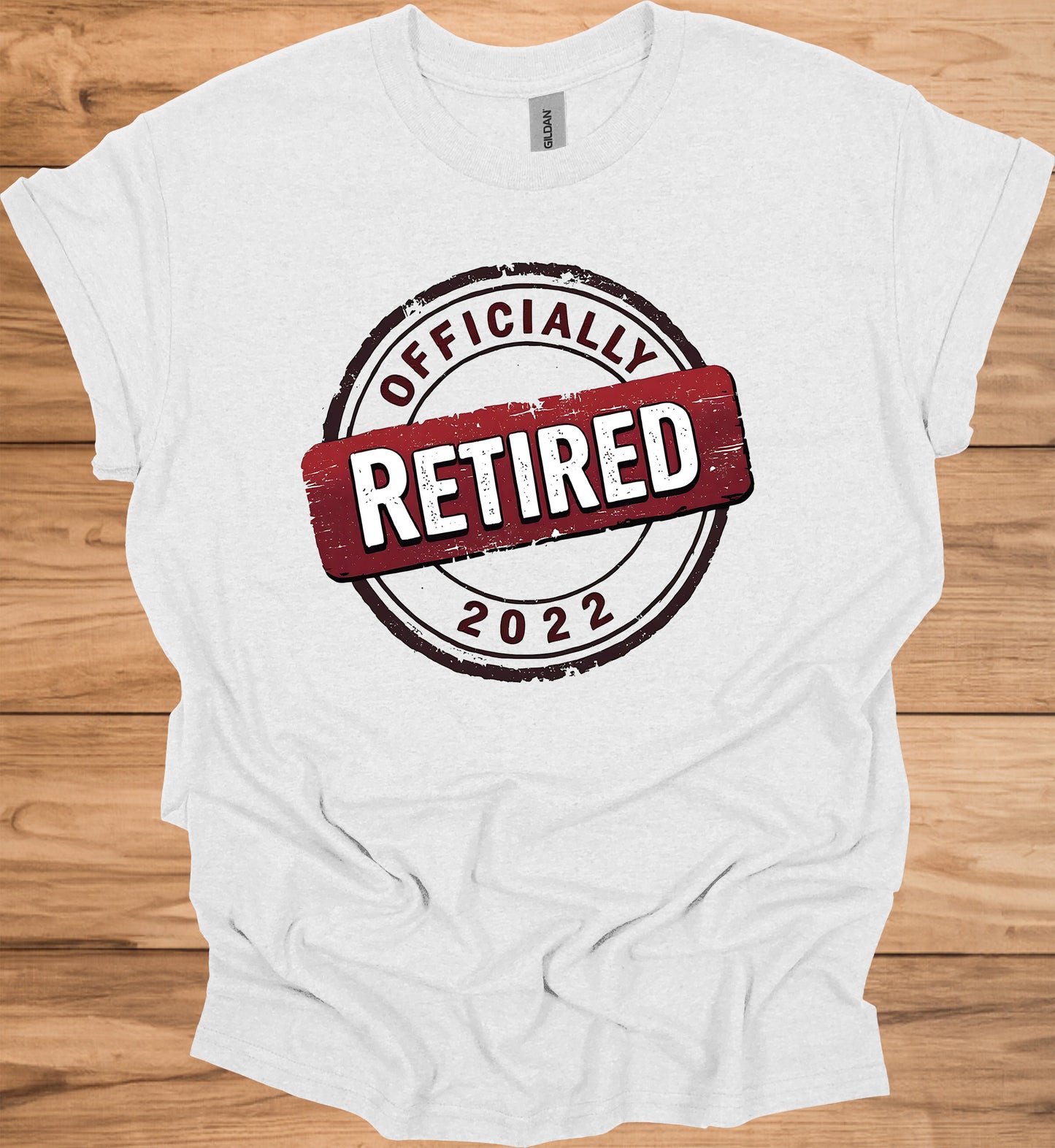 Officially Retired 2022: Vintage Retirement Stamp, Bold Red and Black Design, Distressed Circular Graphic - Graphic Tee Shirt