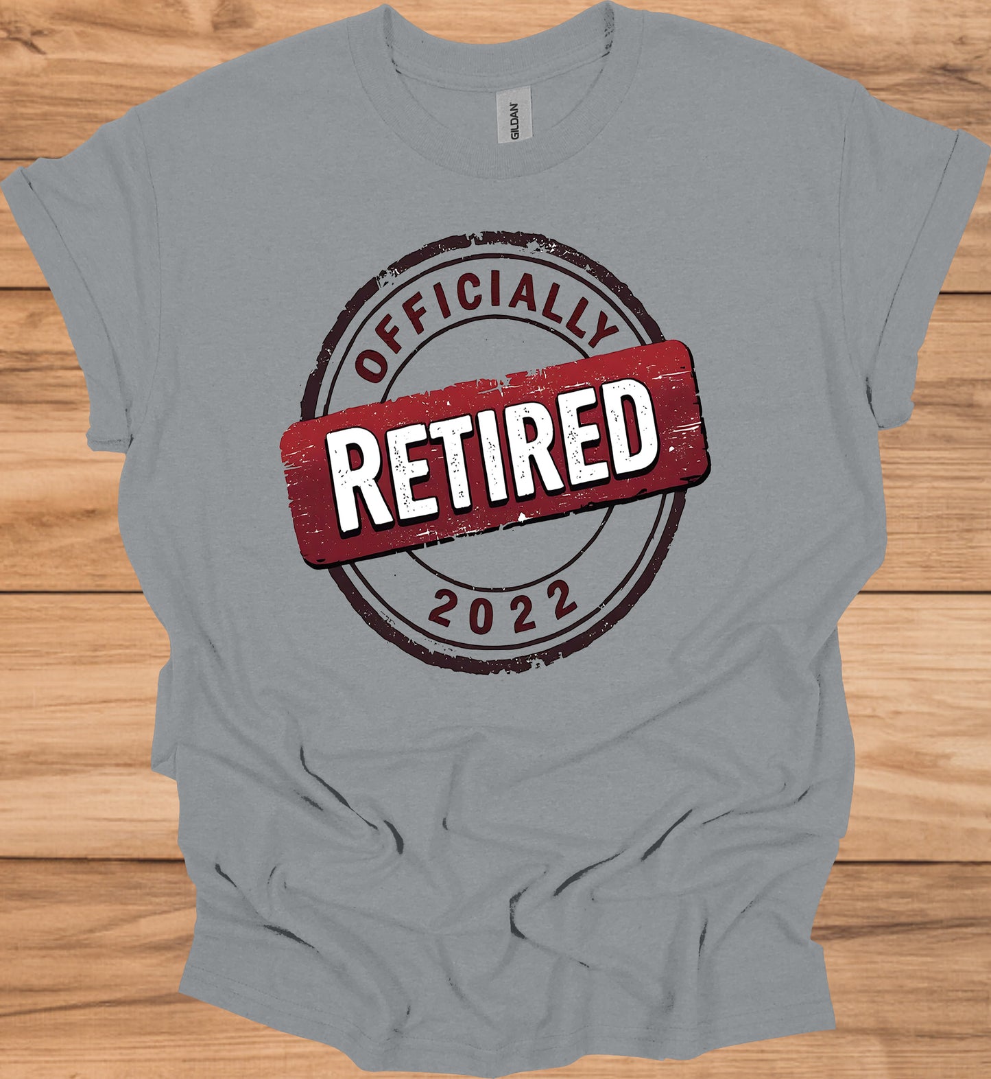 Officially Retired 2022: Vintage Retirement Stamp, Bold Red and Black Design, Distressed Circular Graphic - Graphic Tee Shirt