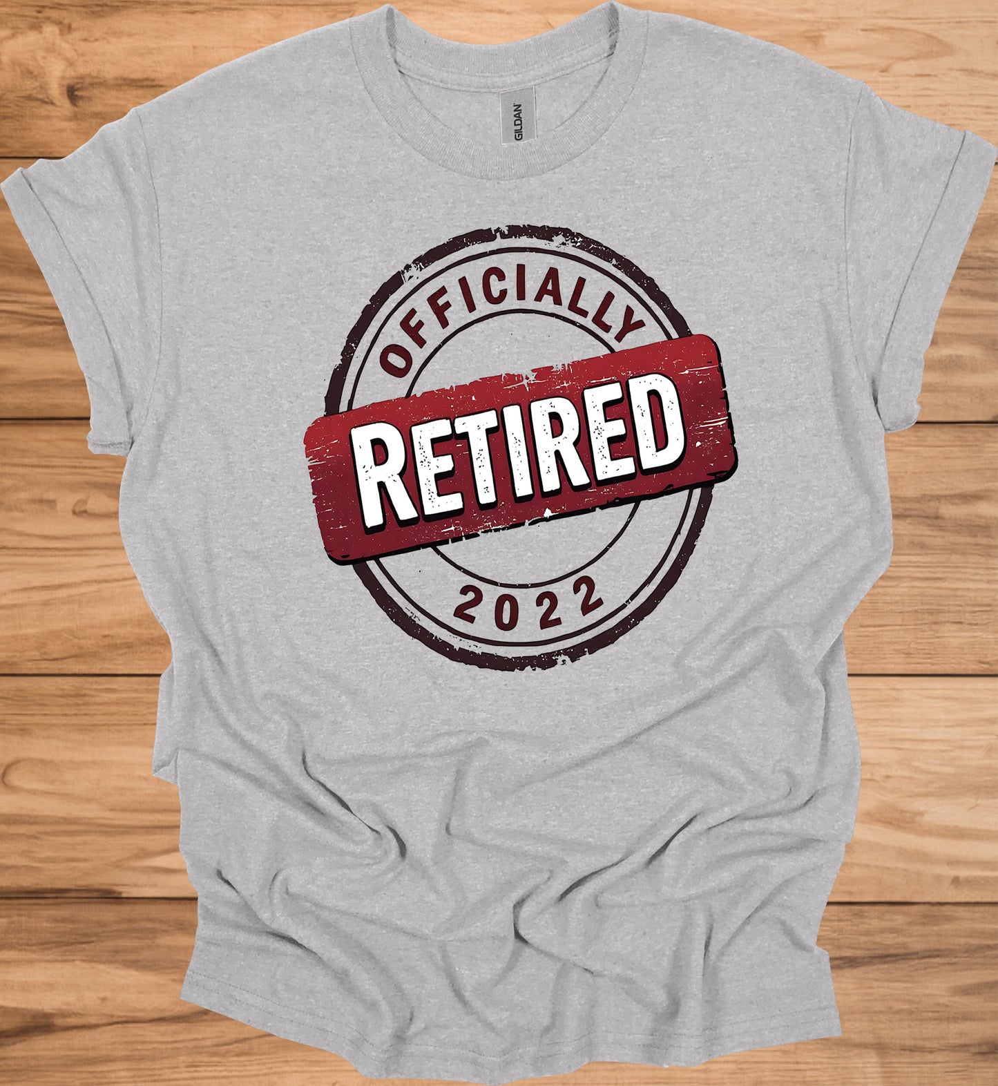 Officially Retired 2022: Vintage Retirement Stamp, Bold Red and Black Design, Distressed Circular Graphic - Graphic Tee Shirt