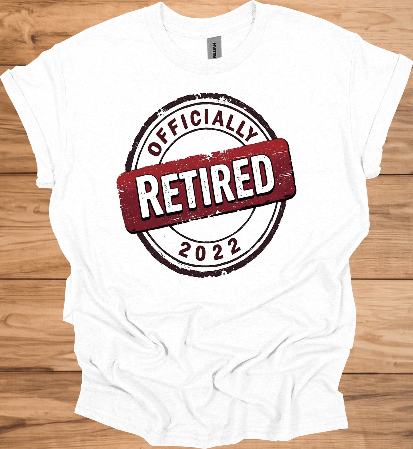 Officially Retired 2022: Vintage Retirement Stamp, Bold Red and Black Design, Distressed Circular Graphic - Graphic Tee Shirt