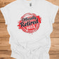 Officially Retired 2023: Vibrant Red Circular Design, Bold Black Script Text, Distressed Retirement Artwork - Graphic Tee Shirt