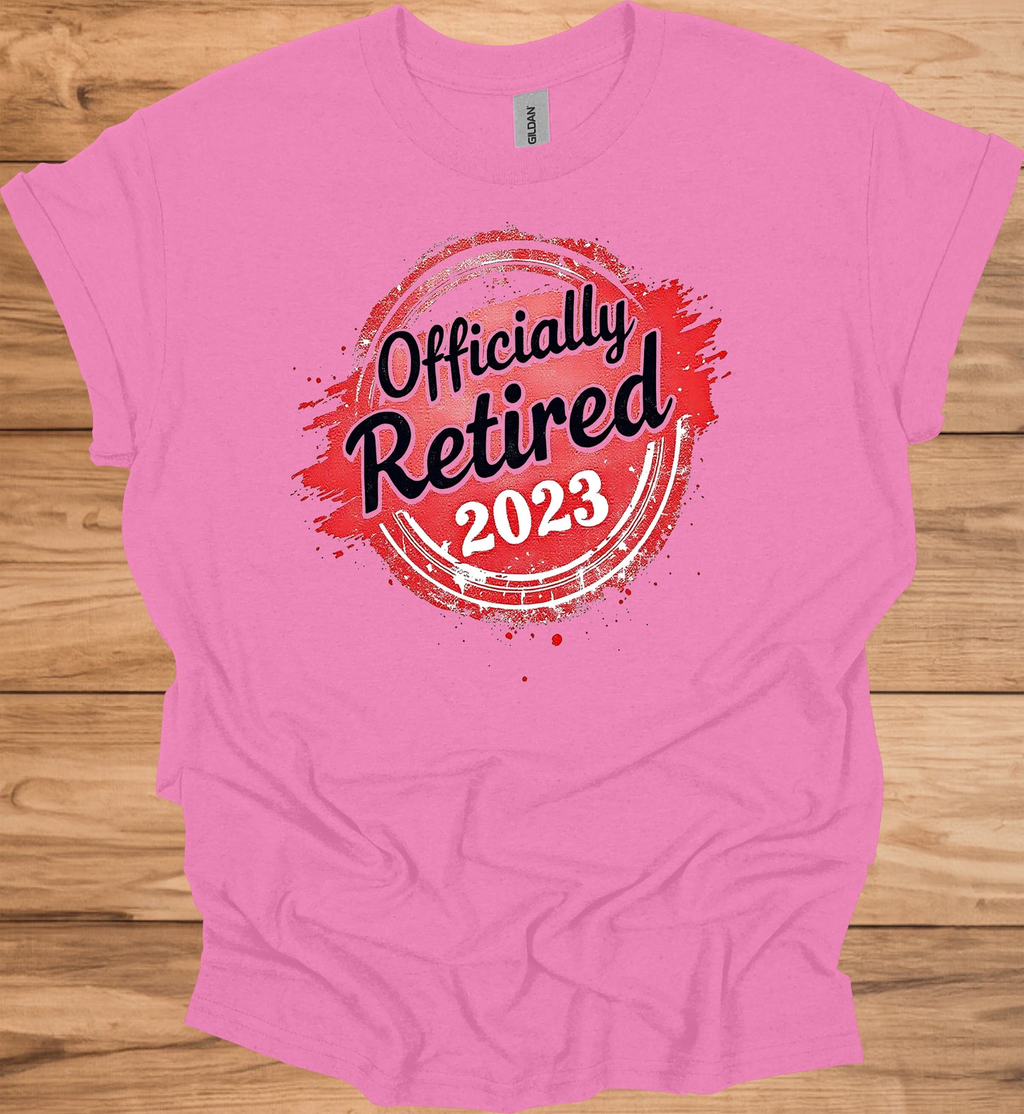 Officially Retired 2023: Vibrant Red Circular Design, Bold Black Script Text, Distressed Retirement Artwork - Graphic Tee Shirt
