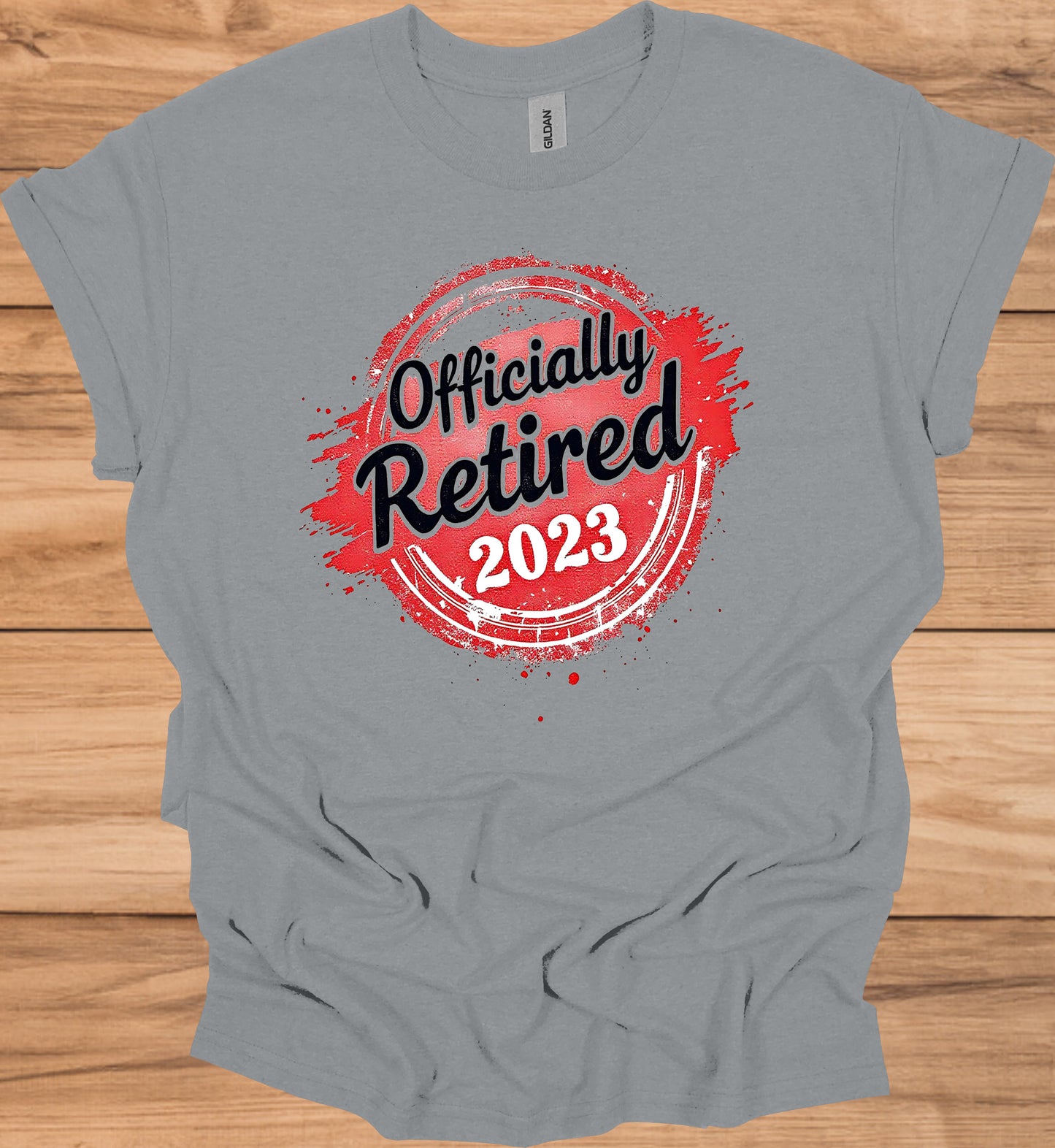 Officially Retired 2023: Vibrant Red Circular Design, Bold Black Script Text, Distressed Retirement Artwork - Graphic Tee Shirt