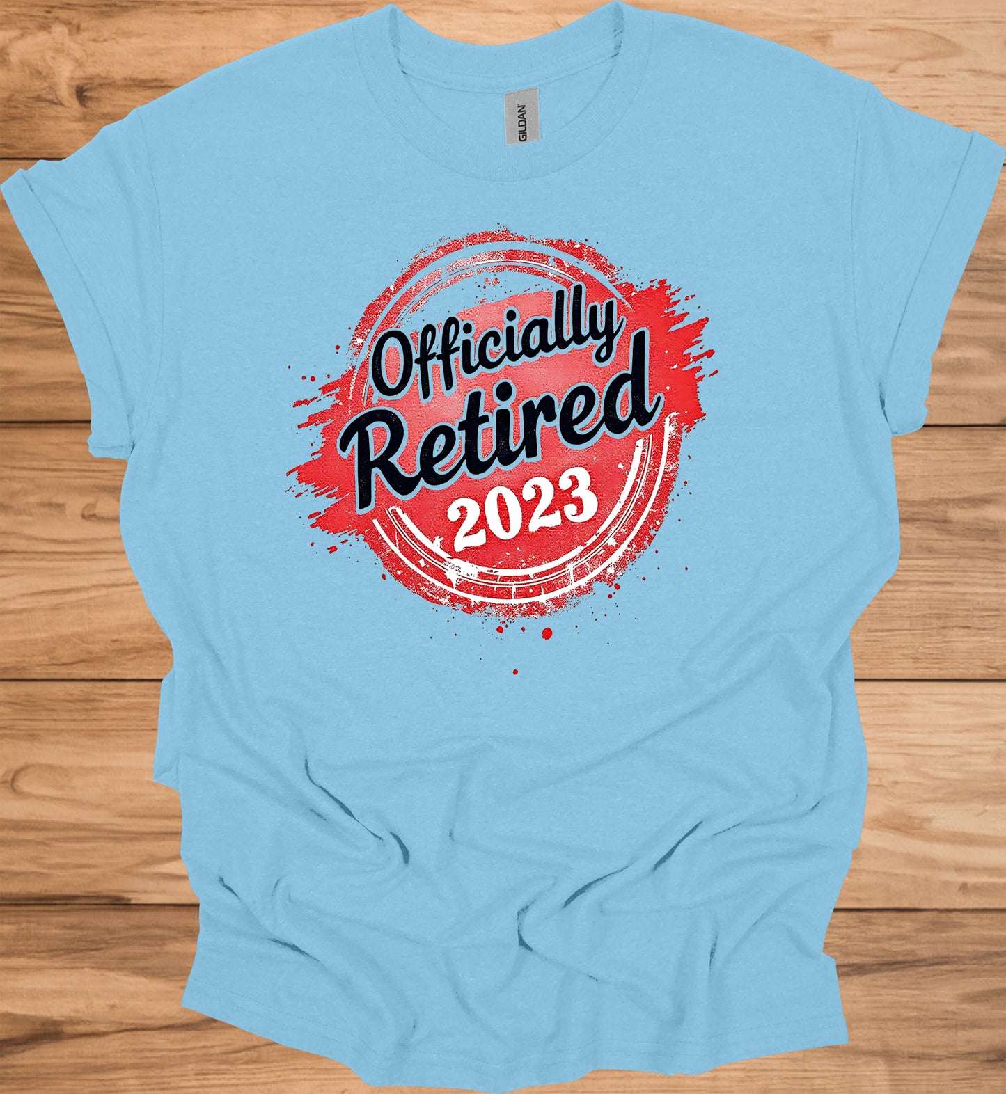 Officially Retired 2023: Vibrant Red Circular Design, Bold Black Script Text, Distressed Retirement Artwork - Graphic Tee Shirt