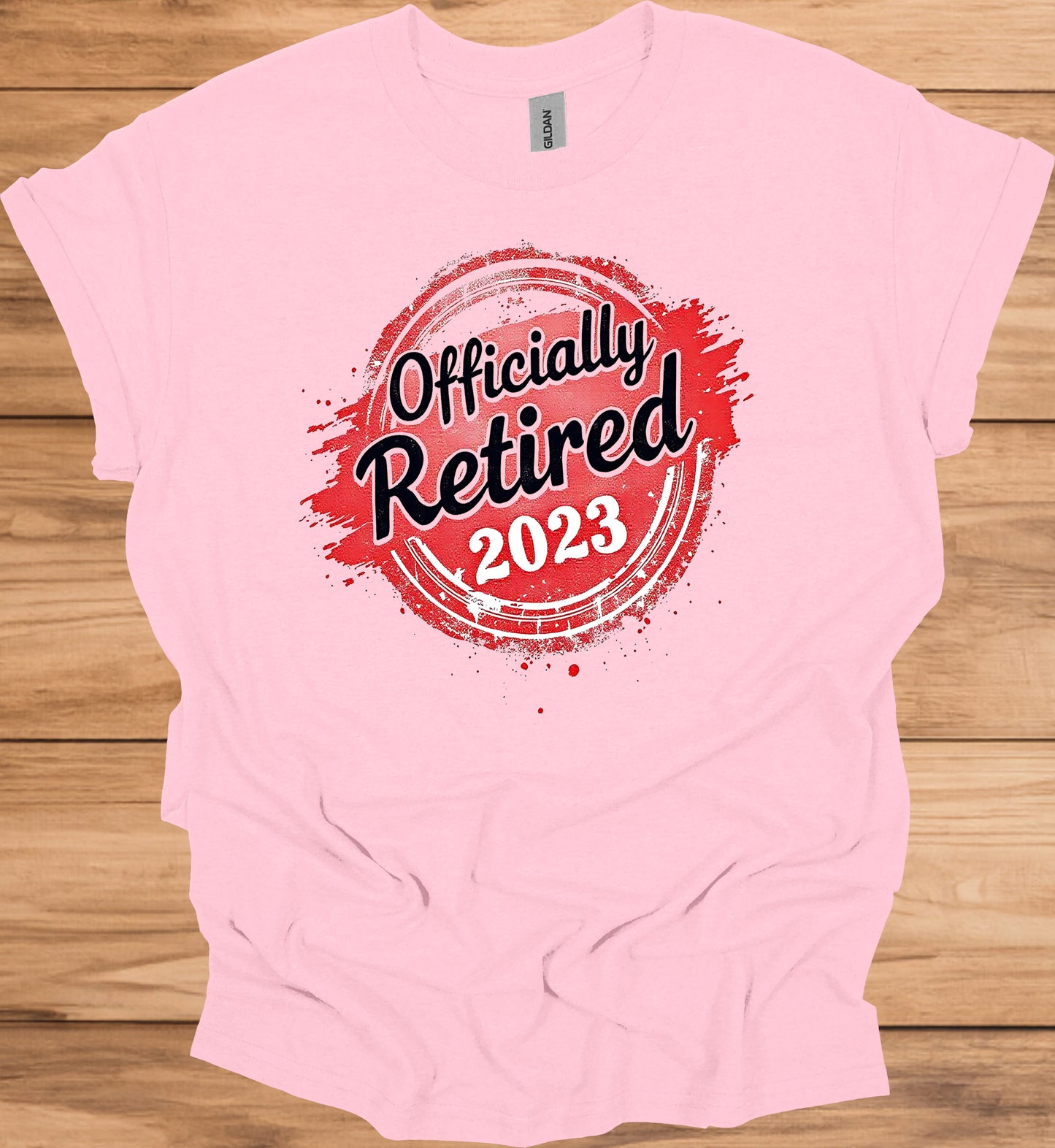 Officially Retired 2023: Vibrant Red Circular Design, Bold Black Script Text, Distressed Retirement Artwork - Graphic Tee Shirt