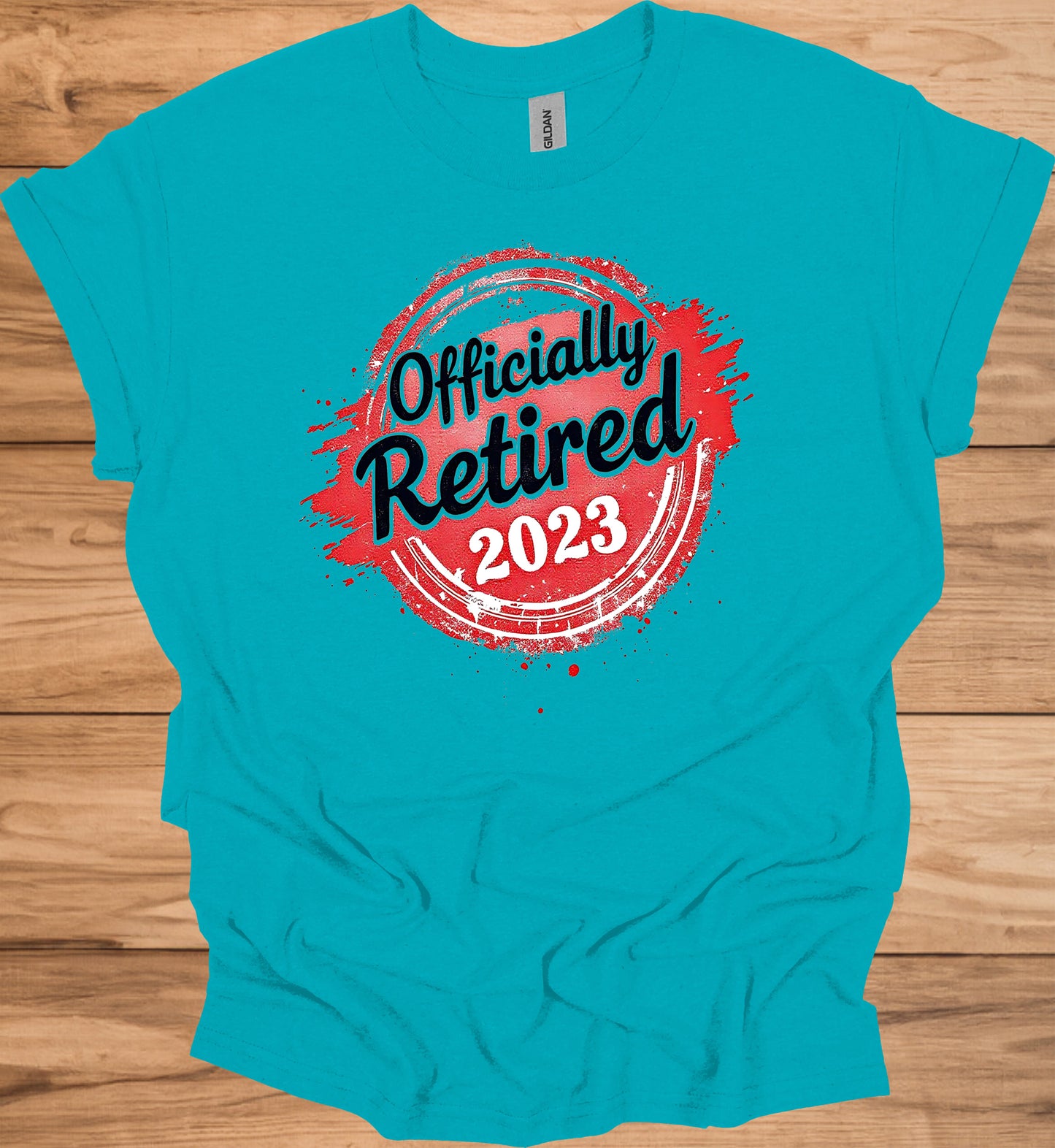 Officially Retired 2023: Vibrant Red Circular Design, Bold Black Script Text, Distressed Retirement Artwork - Graphic Tee Shirt