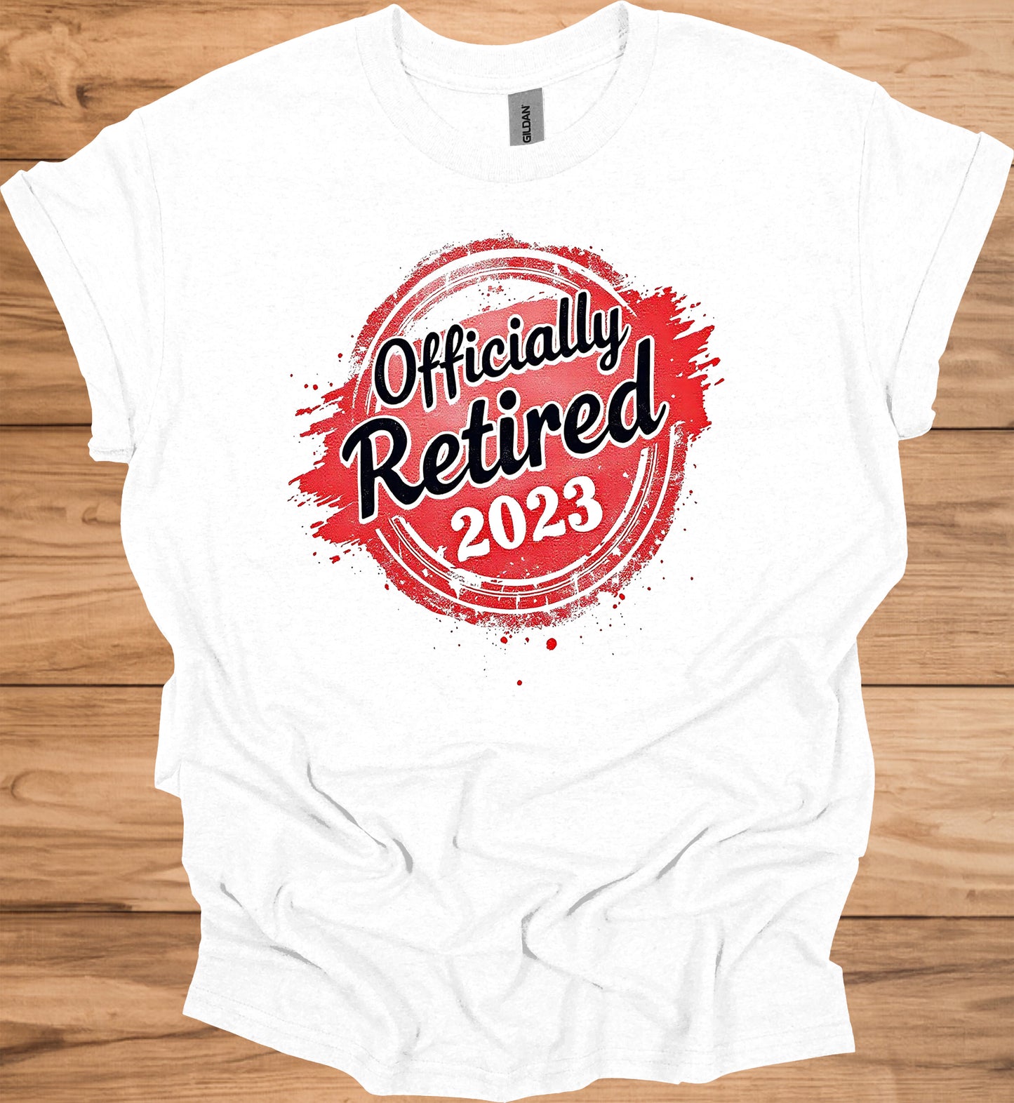 Officially Retired 2023: Vibrant Red Circular Design, Bold Black Script Text, Distressed Retirement Artwork - Graphic Tee Shirt