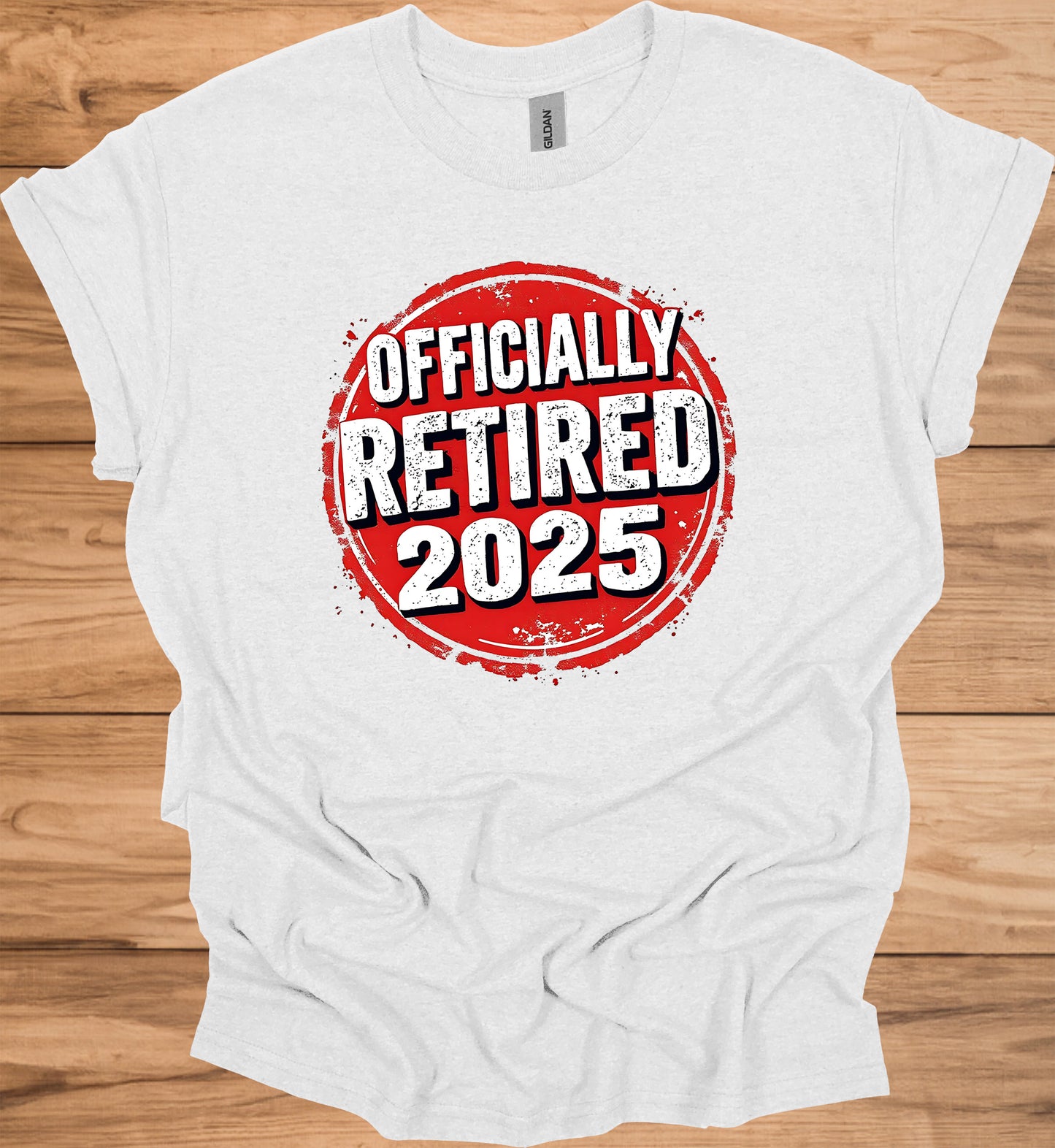 Officially Retired 2025: Red Circular Stamp Design, Distressed White Typography, Vintage Grunge Aesthetic - Graphic Tee Shirt