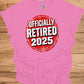 Officially Retired 2025: Red Circular Stamp Design, Distressed White Typography, Vintage Grunge Aesthetic - Graphic Tee Shirt