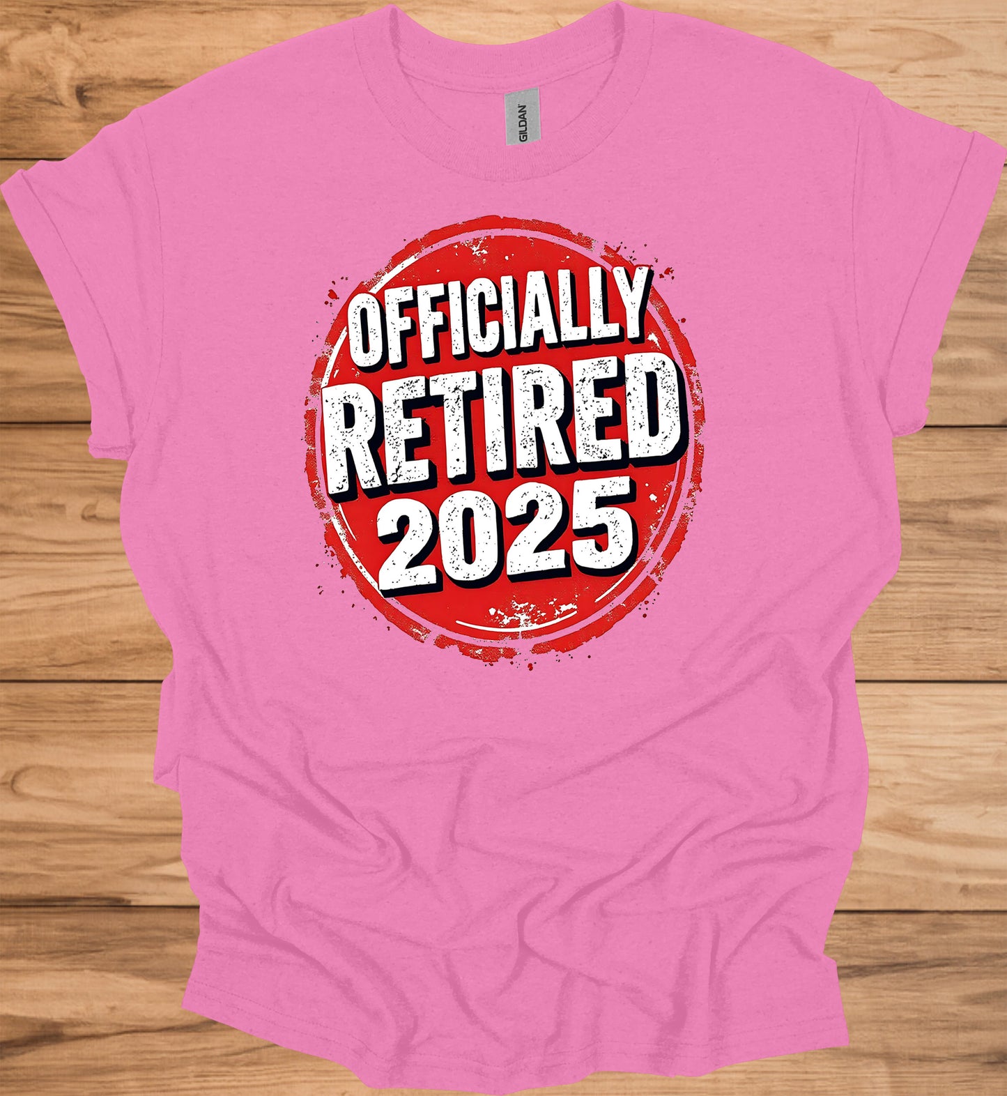 Officially Retired 2025: Red Circular Stamp Design, Distressed White Typography, Vintage Grunge Aesthetic - Graphic Tee Shirt