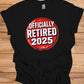 Officially Retired 2025: Red Circular Stamp Design, Distressed White Typography, Vintage Grunge Aesthetic - Graphic Tee Shirt
