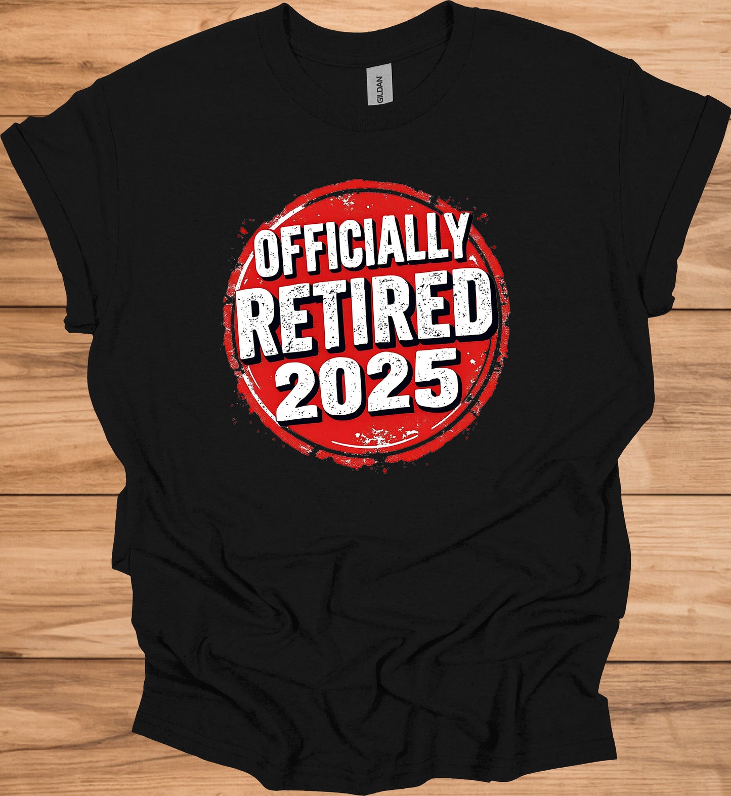 Officially Retired 2025: Red Circular Stamp Design, Distressed White Typography, Vintage Grunge Aesthetic - Graphic Tee Shirt
