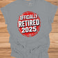 Officially Retired 2025: Red Circular Stamp Design, Distressed White Typography, Vintage Grunge Aesthetic - Graphic Tee Shirt