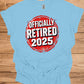 Officially Retired 2025: Red Circular Stamp Design, Distressed White Typography, Vintage Grunge Aesthetic - Graphic Tee Shirt