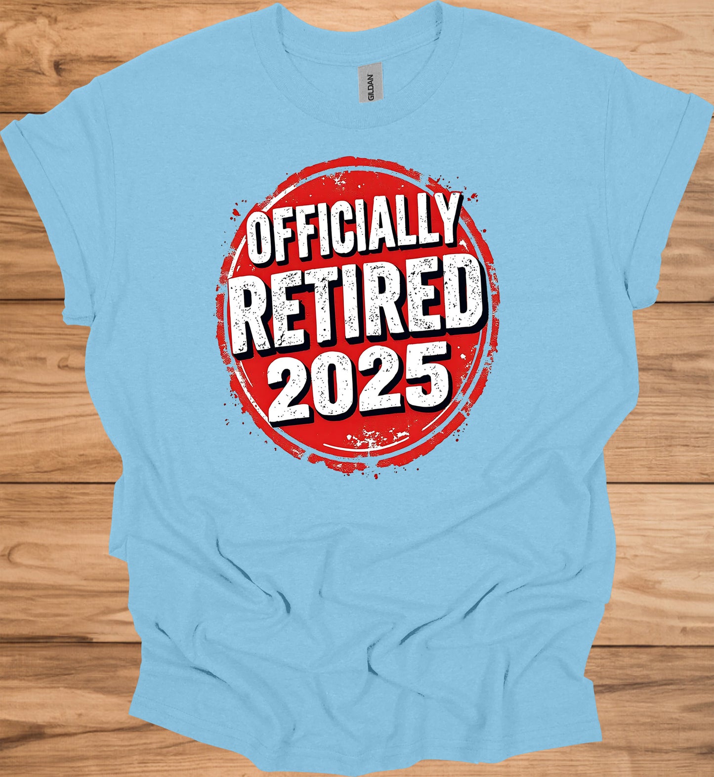 Officially Retired 2025: Red Circular Stamp Design, Distressed White Typography, Vintage Grunge Aesthetic - Graphic Tee Shirt
