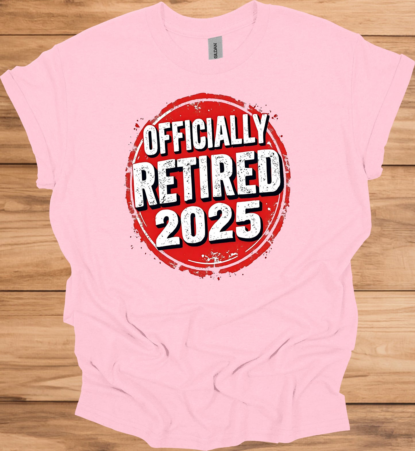 Officially Retired 2025: Red Circular Stamp Design, Distressed White Typography, Vintage Grunge Aesthetic - Graphic Tee Shirt