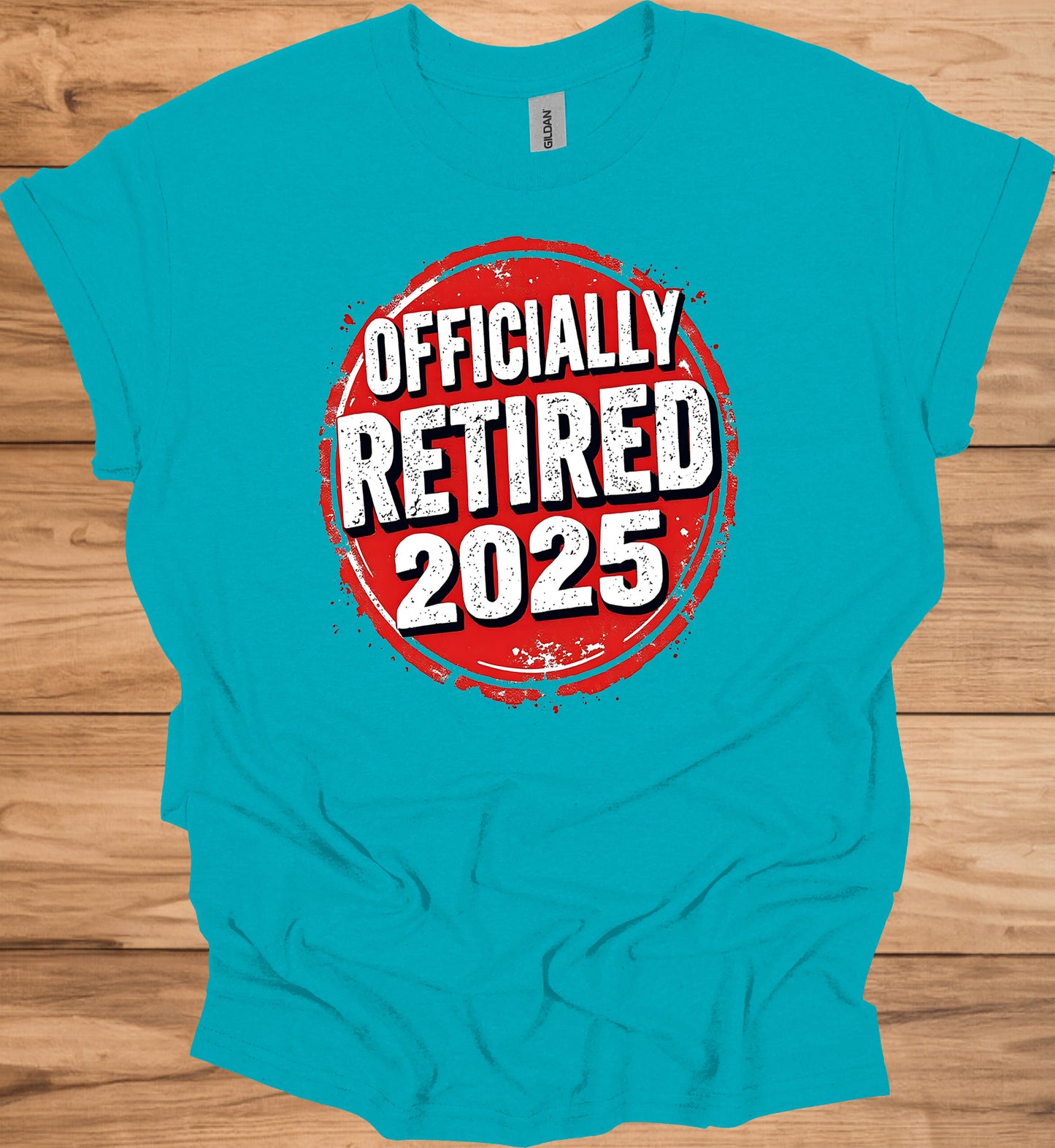 Officially Retired 2025: Red Circular Stamp Design, Distressed White Typography, Vintage Grunge Aesthetic - Graphic Tee Shirt