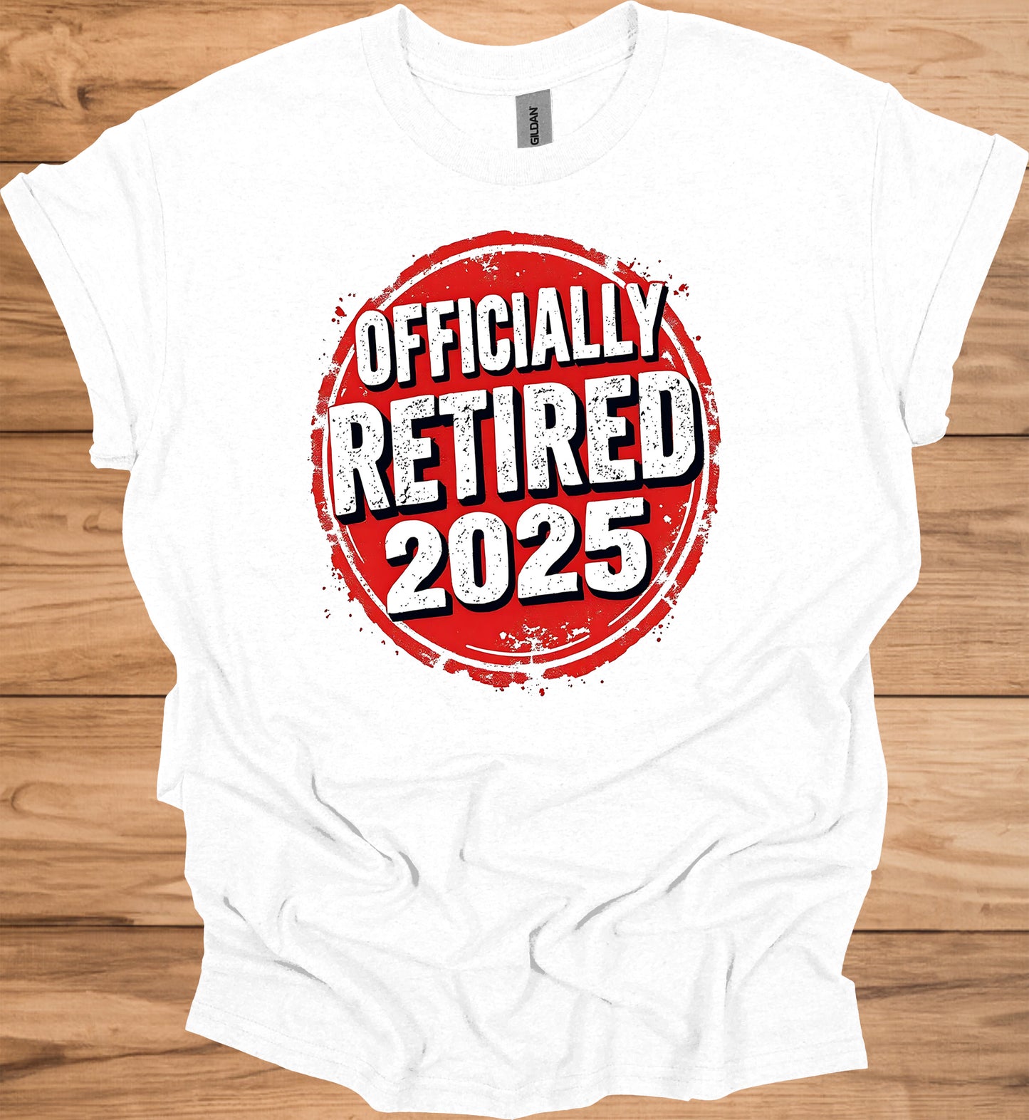 Officially Retired 2025: Red Circular Stamp Design, Distressed White Typography, Vintage Grunge Aesthetic - Graphic Tee Shirt