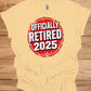 Officially Retired 2025: Red Circular Stamp Design, Distressed White Typography, Vintage Grunge Aesthetic - Graphic Tee Shirt