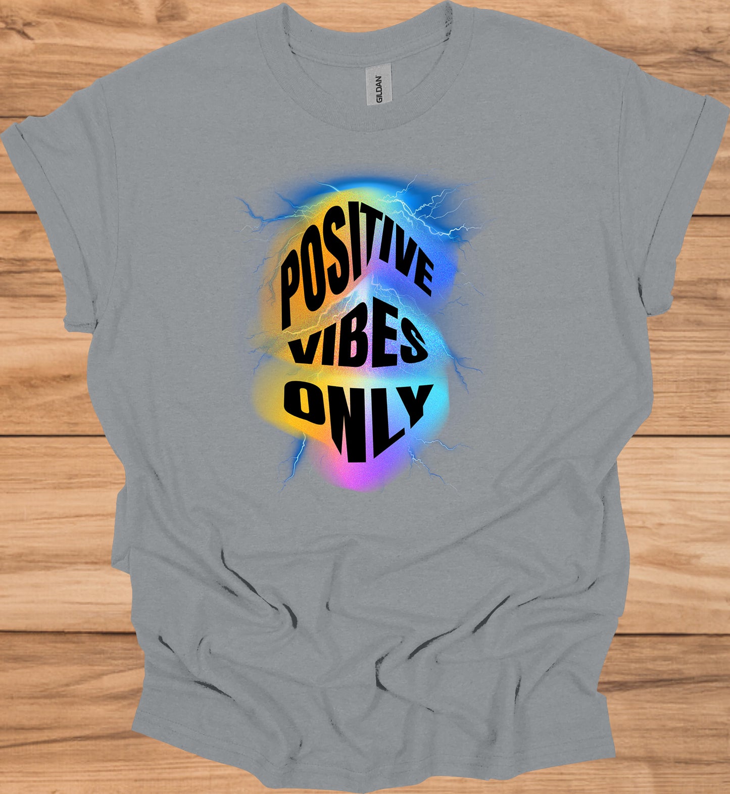 Positive Vibes Only: Vibrant Motivational Art, Psychedelic Lightning Design, Modern Typography Inspiration - Graphic Tee Shirt