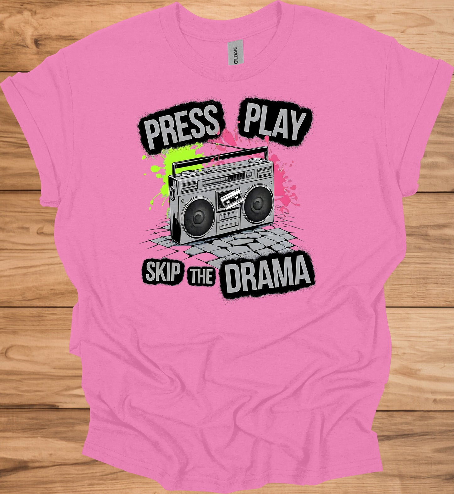 Press Play on Positivity: Retro Boombox Art, Grunge Street Style, 80s Music Nostalgia - Graphic Tee Shirt