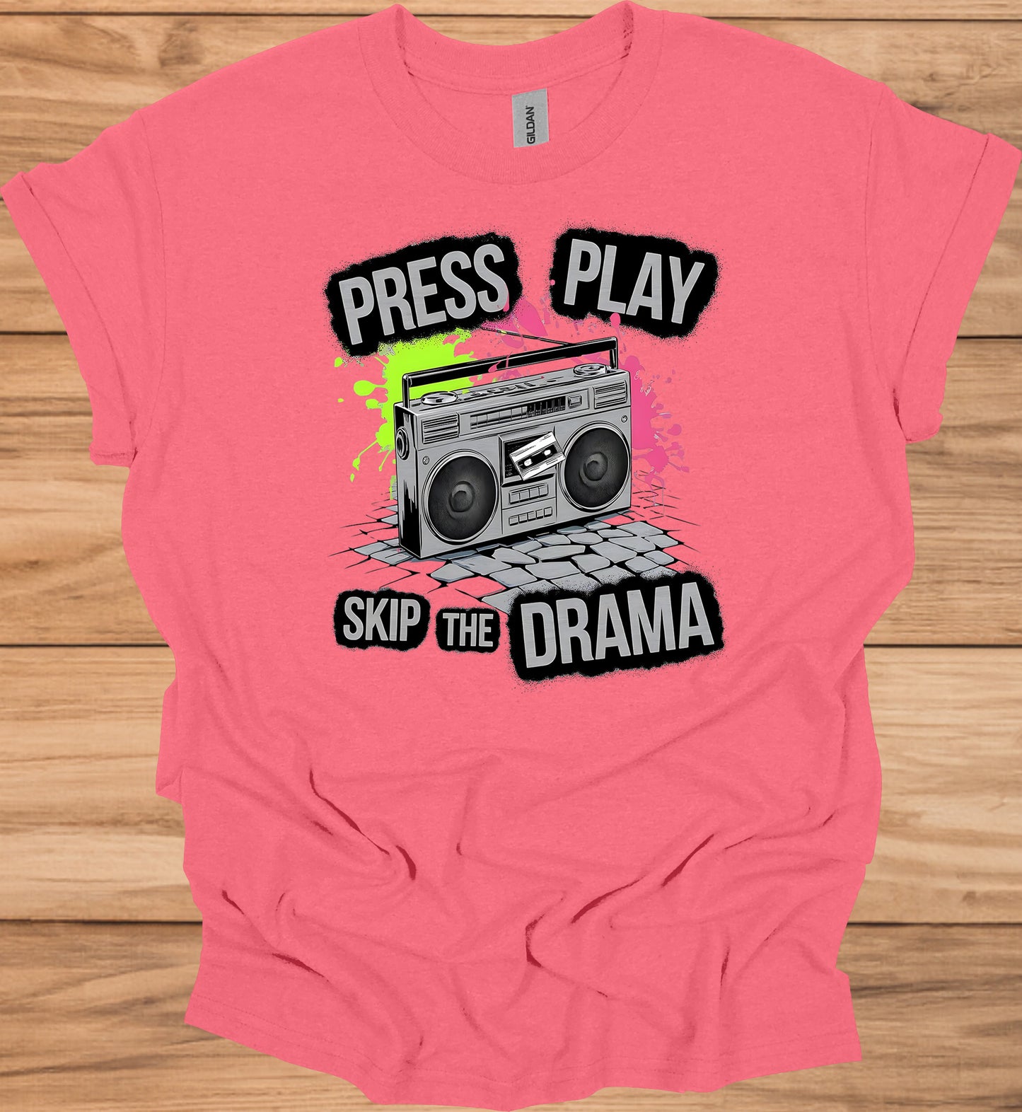 Press Play on Positivity: Retro Boombox Art, Grunge Street Style, 80s Music Nostalgia - Graphic Tee Shirt