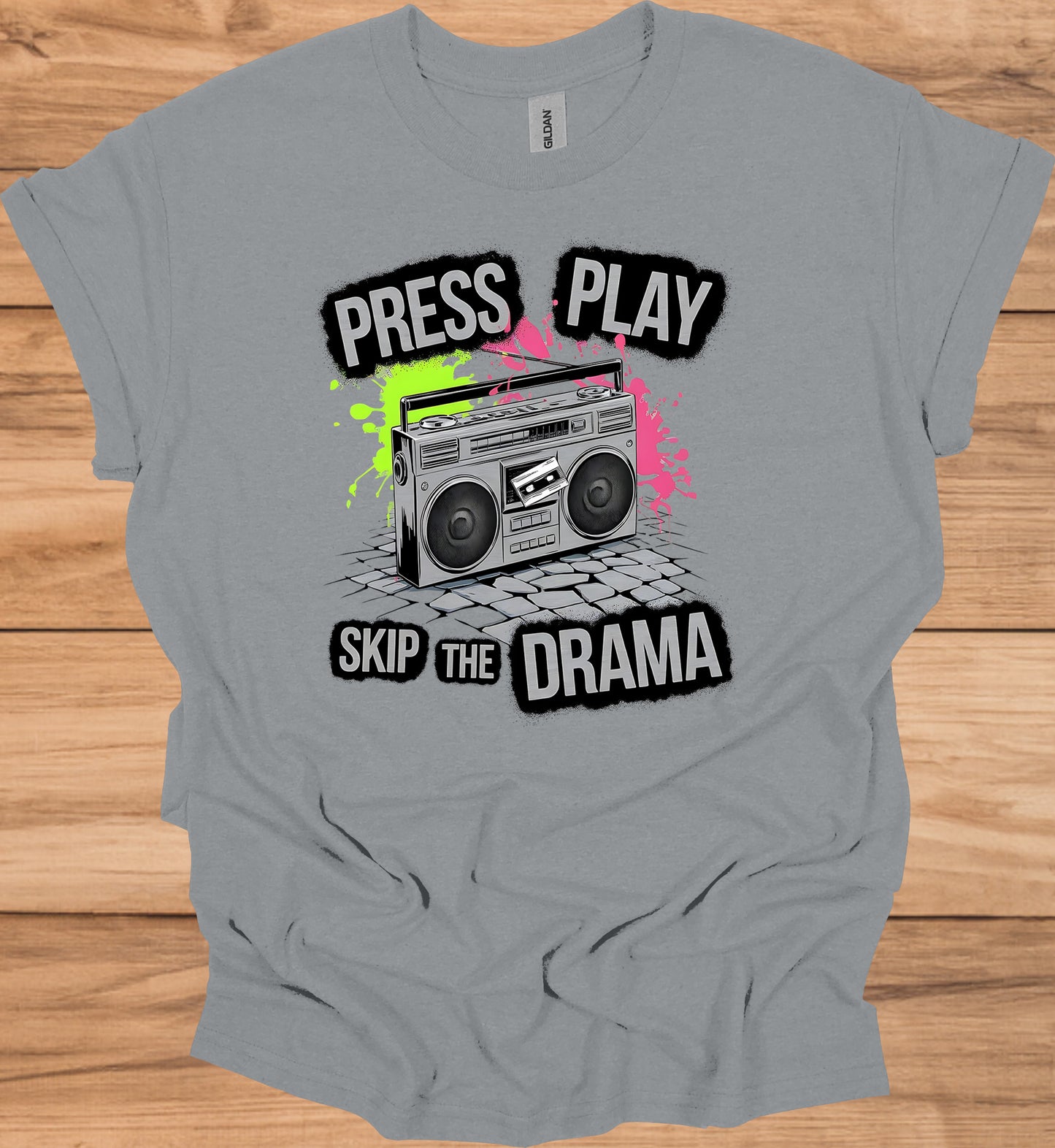 Press Play on Positivity: Retro Boombox Art, Grunge Street Style, 80s Music Nostalgia - Graphic Tee Shirt