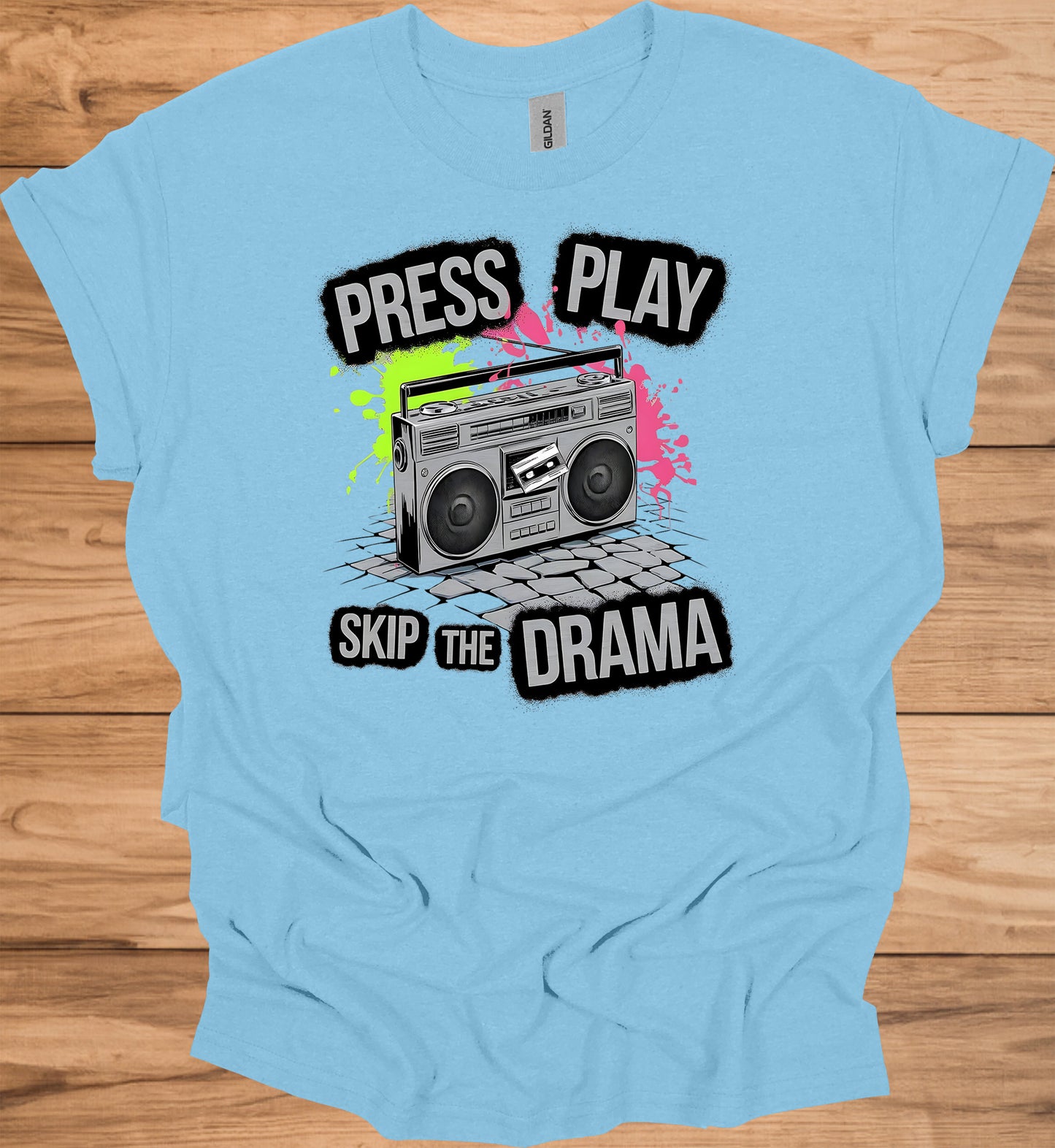 Press Play on Positivity: Retro Boombox Art, Grunge Street Style, 80s Music Nostalgia - Graphic Tee Shirt