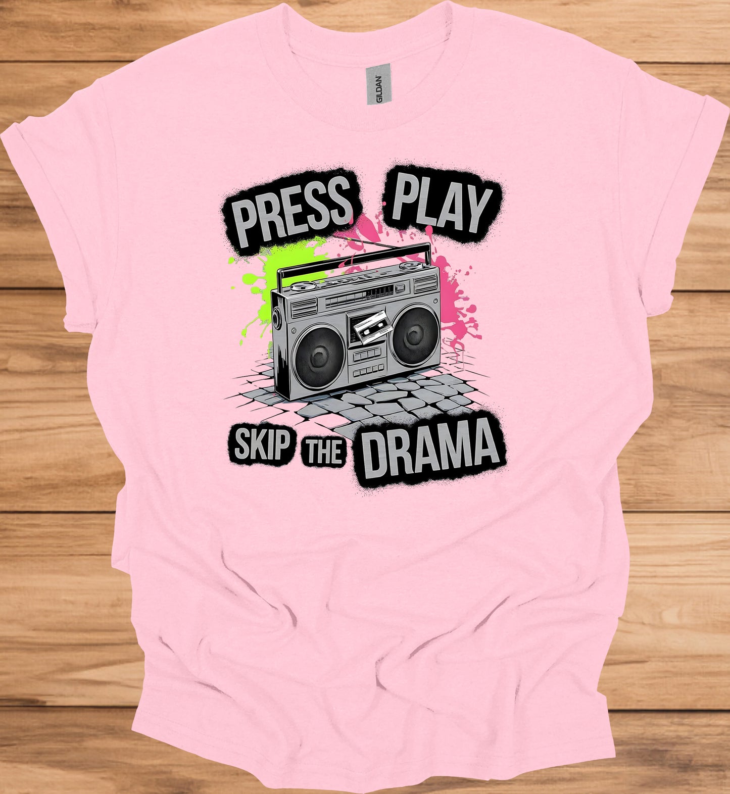 Press Play on Positivity: Retro Boombox Art, Grunge Street Style, 80s Music Nostalgia - Graphic Tee Shirt
