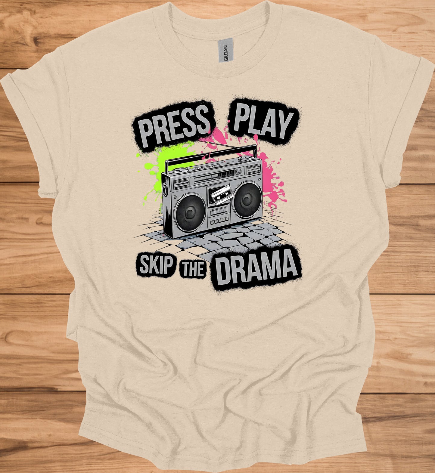 Press Play on Positivity: Retro Boombox Art, Grunge Street Style, 80s Music Nostalgia - Graphic Tee Shirt