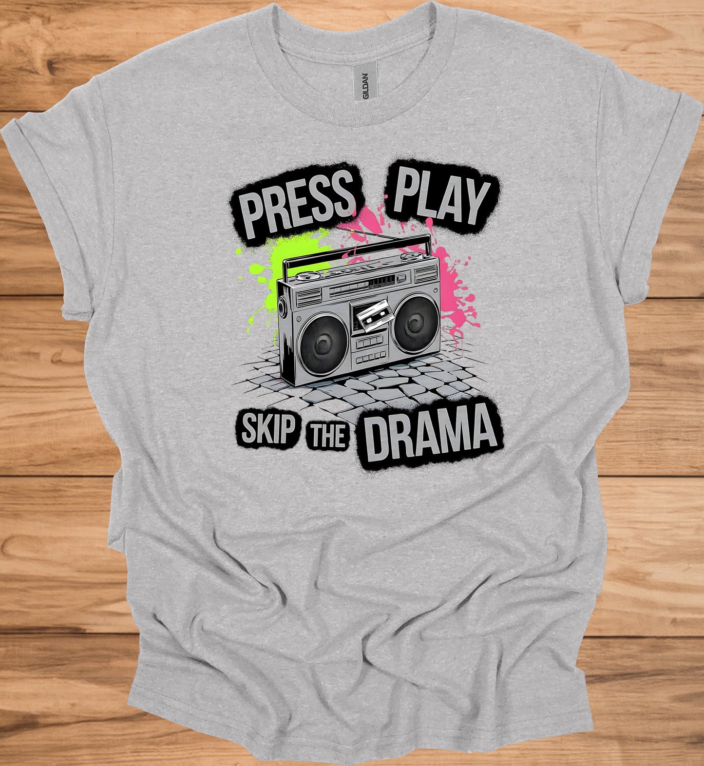 Press Play on Positivity: Retro Boombox Art, Grunge Street Style, 80s Music Nostalgia - Graphic Tee Shirt