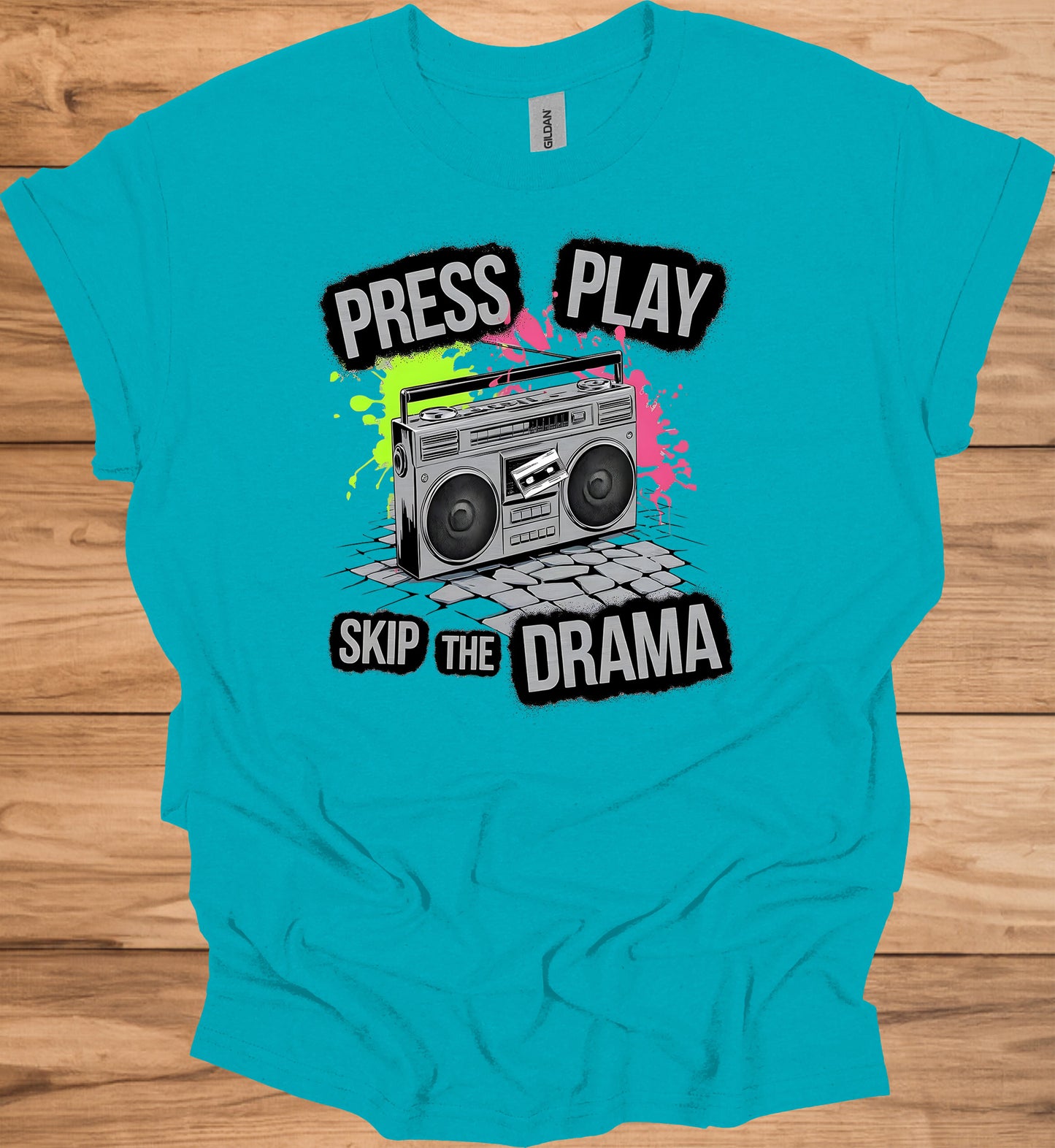Press Play on Positivity: Retro Boombox Art, Grunge Street Style, 80s Music Nostalgia - Graphic Tee Shirt