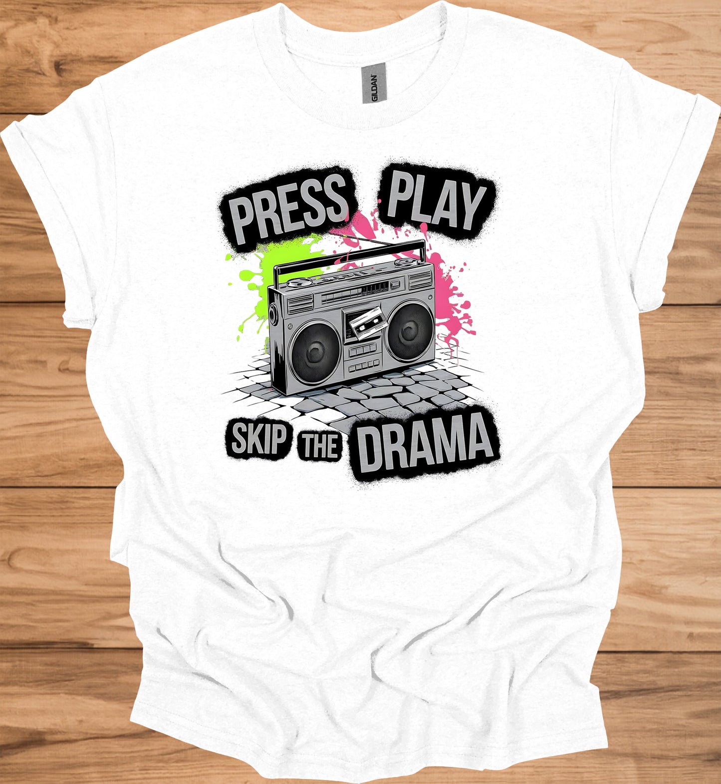 Press Play on Positivity: Retro Boombox Art, Grunge Street Style, 80s Music Nostalgia - Graphic Tee Shirt